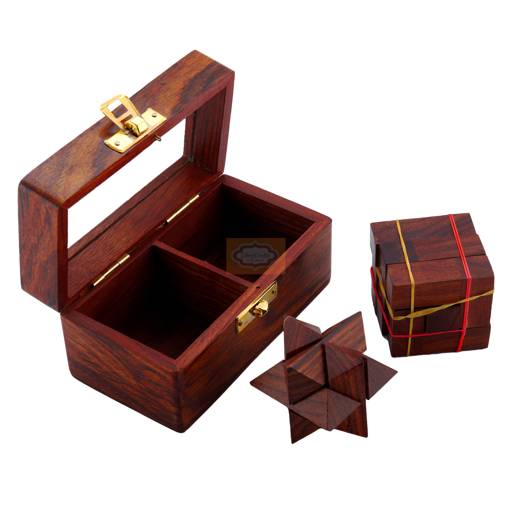 Handcrafted wooden 2-in-1 puzzle set featuring a Soma Cube and Star Puzzle