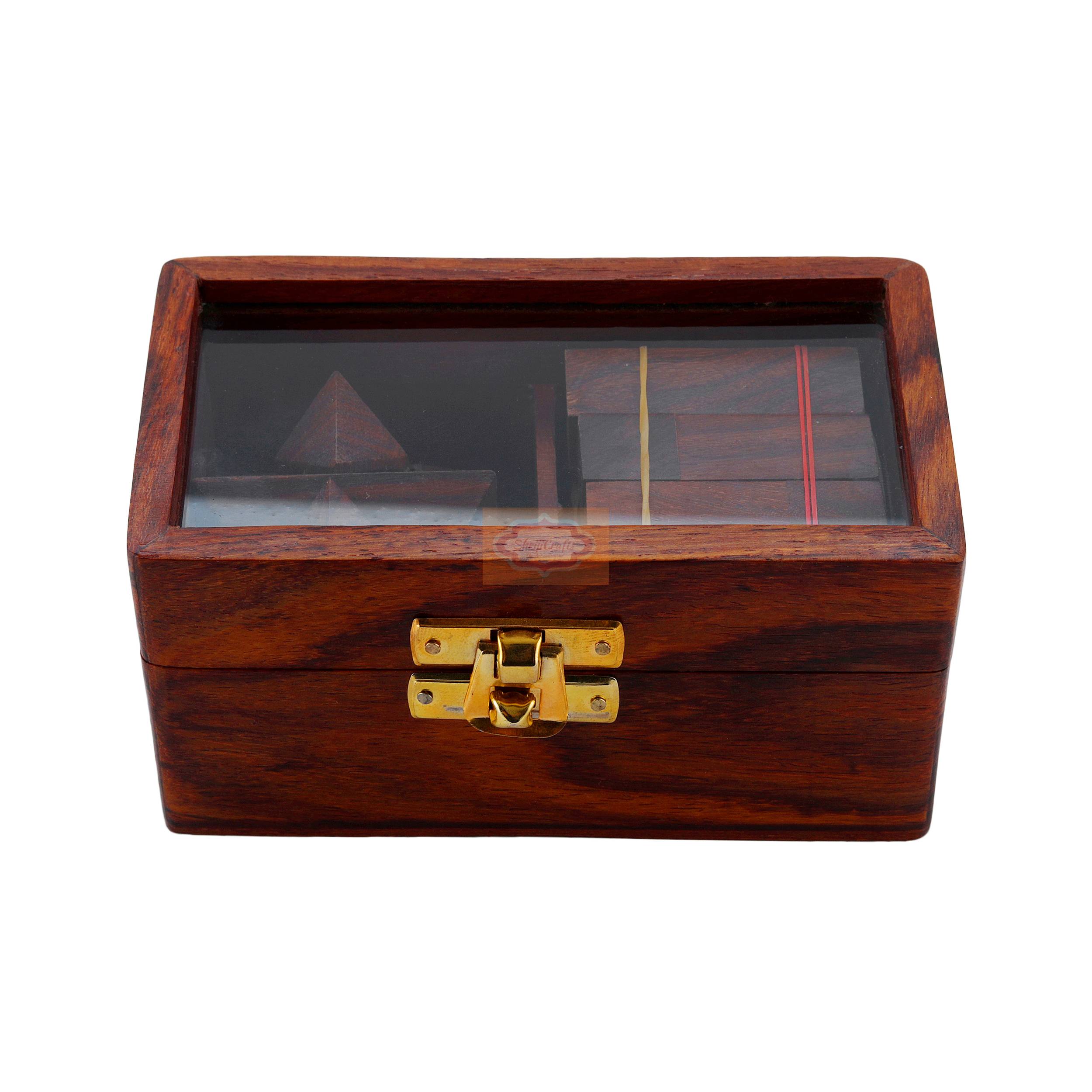 Handcrafted wooden 2-in-1 puzzle set featuring a Soma Cube and Star Puzzle - View 3