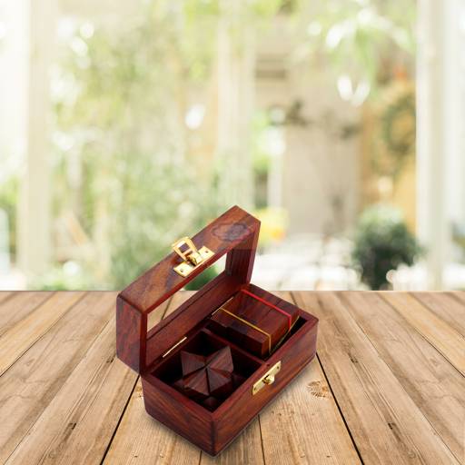 Handcrafted wooden 2-in-1 puzzle set featuring a Soma Cube and Star Puzzle