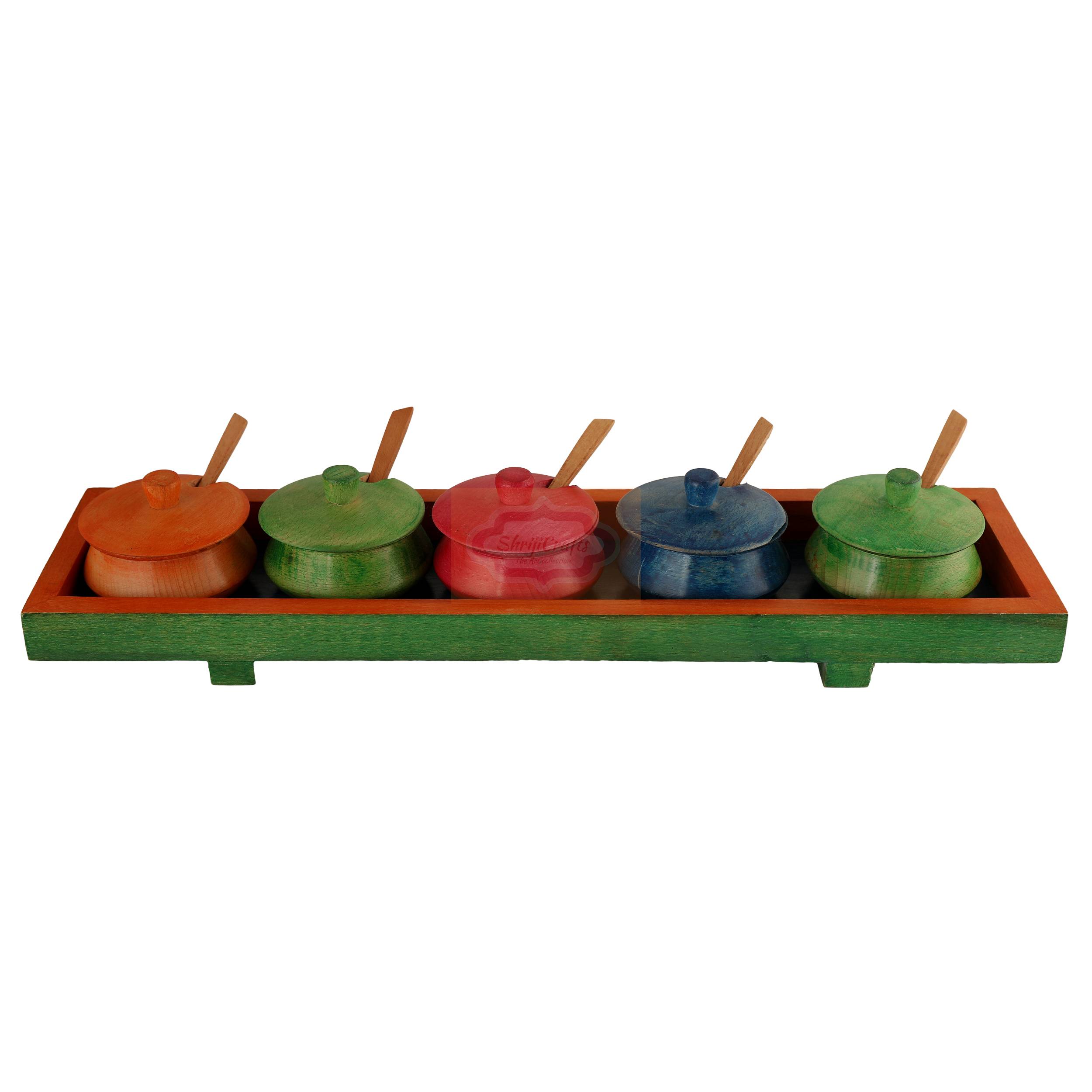 Handcrafted multicolor wooden mukhwas container set with 5 bowls, matching spoons, and a serving tray - View 3