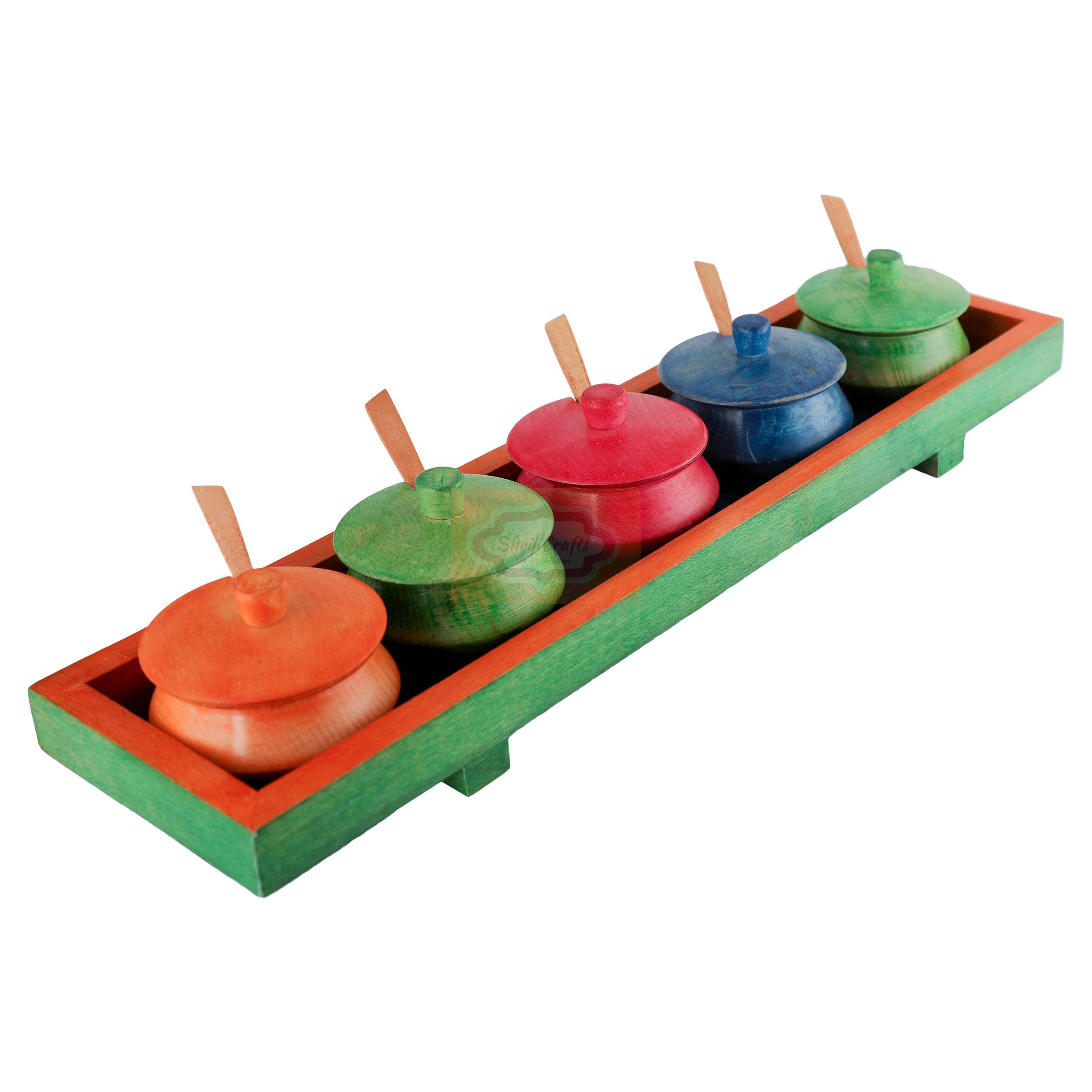 Handcrafted multicolor wooden mukhwas container set with 5 bowls, matching spoons, and a serving tray - View 2