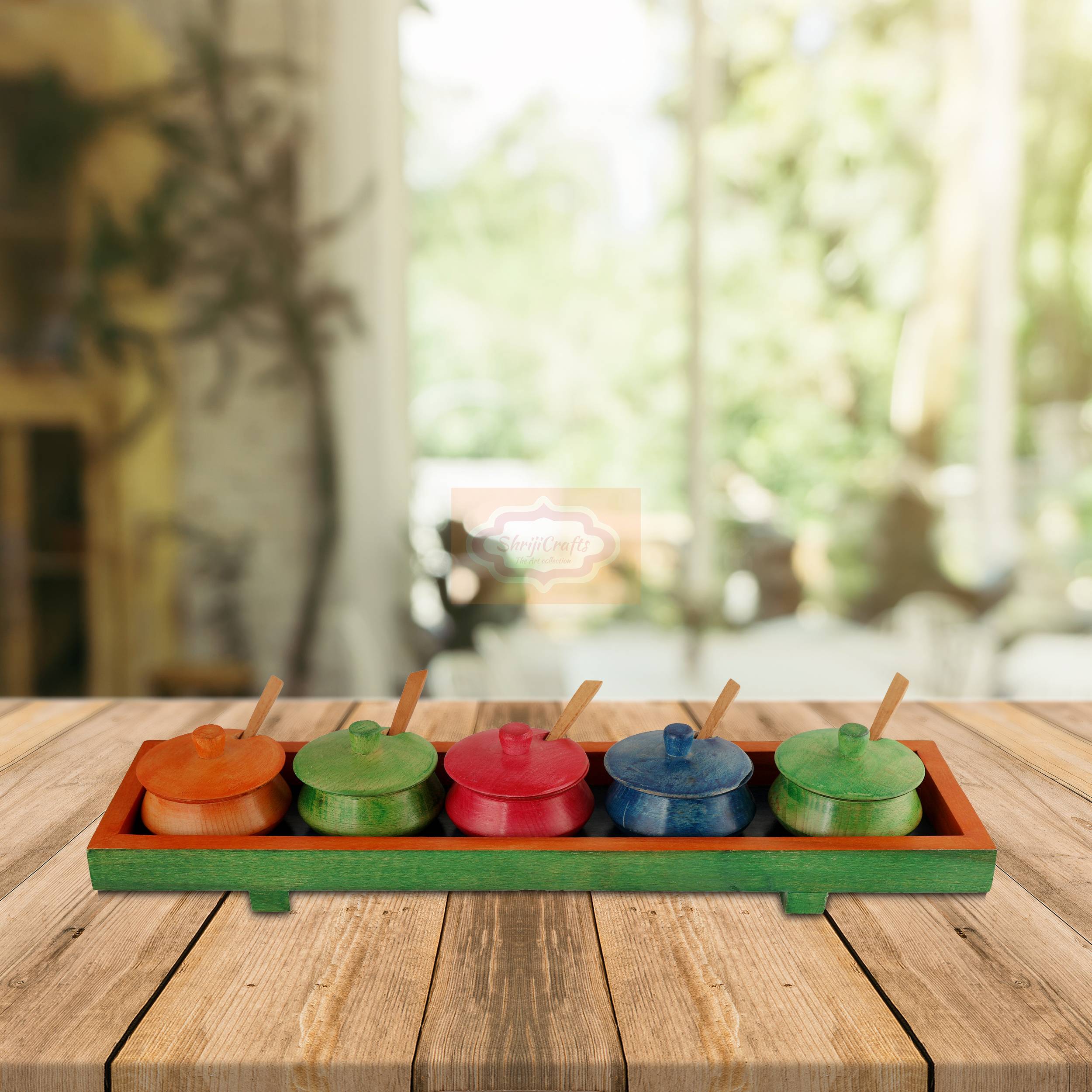 Handcrafted multicolor wooden mukhwas container set with 5 bowls, matching spoons, and a serving tray - View 8