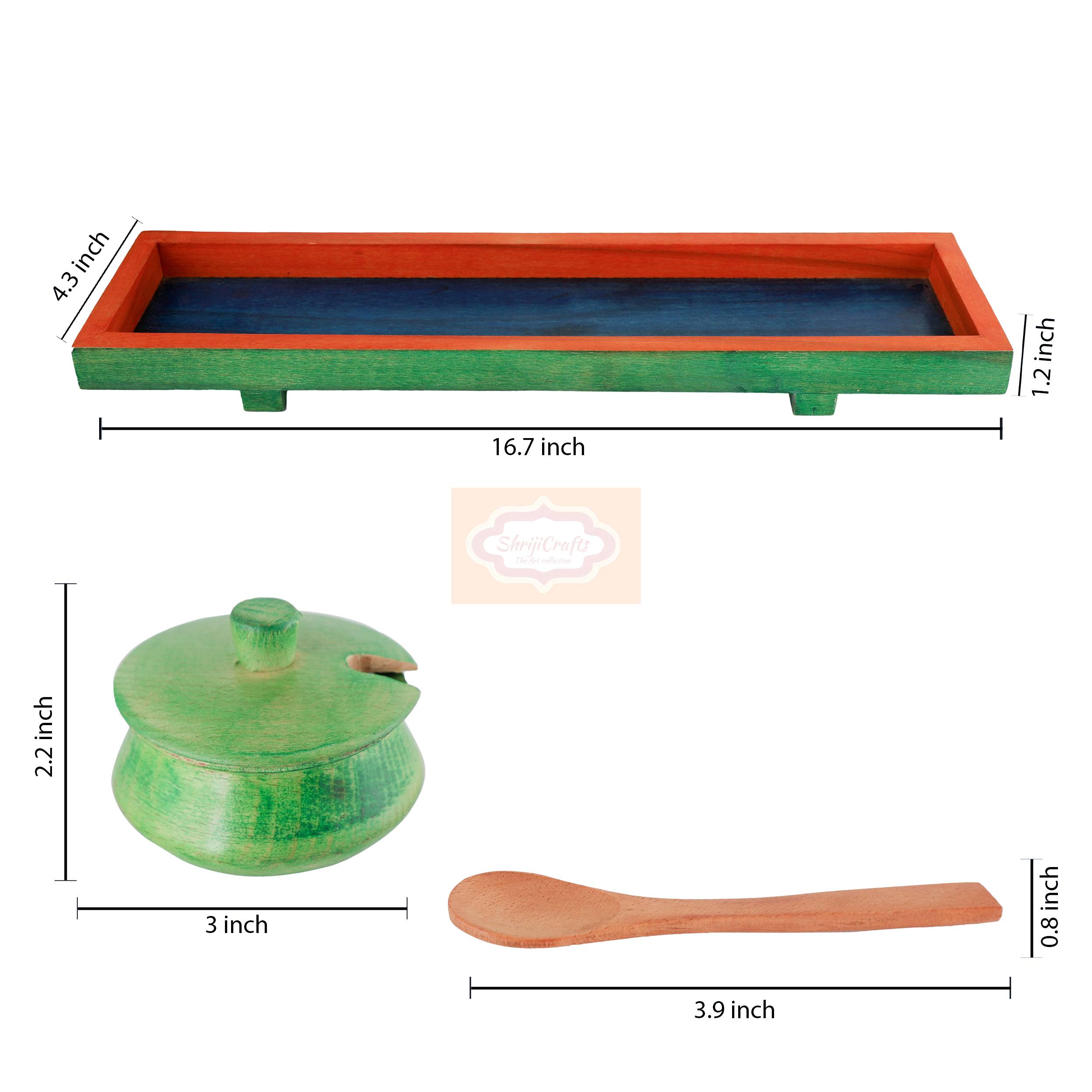 Handcrafted multicolor wooden mukhwas container set with 5 bowls, matching spoons, and a serving tray - View 7