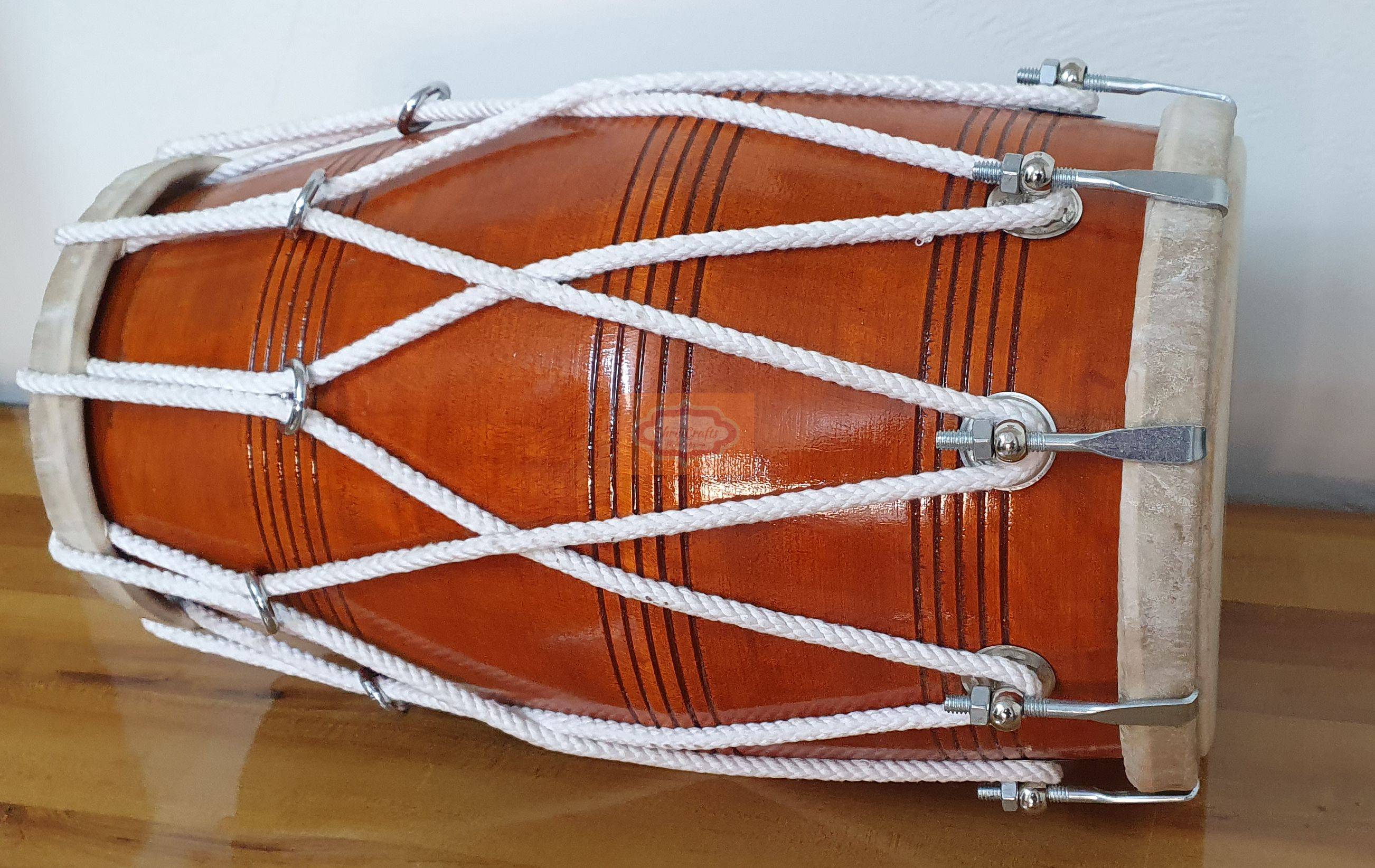 Mango Wood Dholak Drum – Bolt and Rassi Tuned Indian Hand Percussion Instrument (Carry Bag Included) by Shriji Musicals - View 3