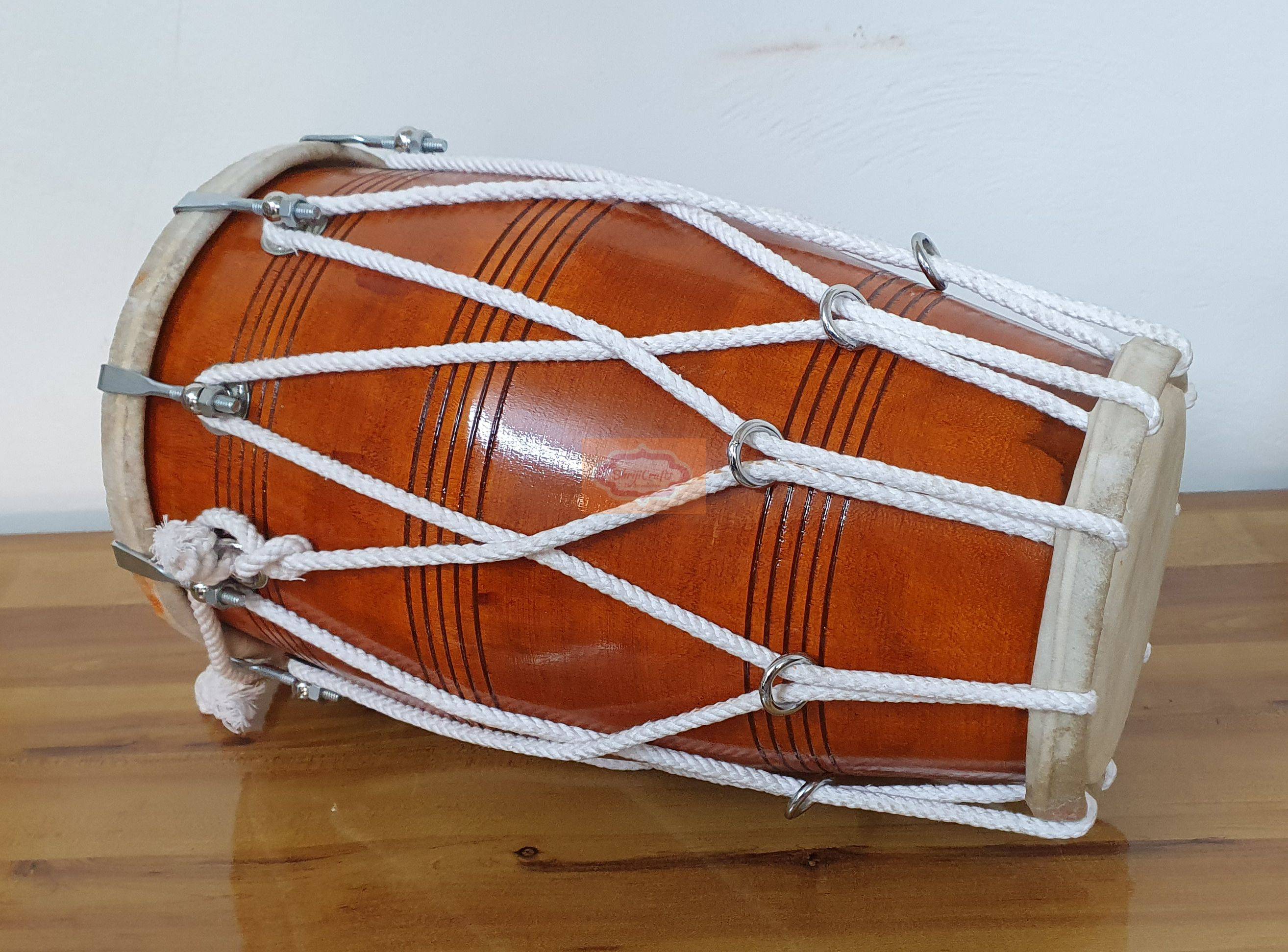 Mango Wood Dholak Drum – Bolt and Rassi Tuned Indian Hand Percussion Instrument (Carry Bag Included) by Shriji Musicals - View 5
