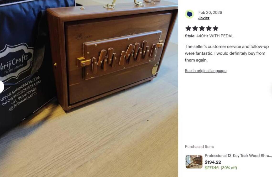 Shriji Pure Teak Wood Shruti Box 13 Keys C3 to C4, 440Hz/432Hz Tuning, Carry Bag Included 16x12x3 inch - View 12
