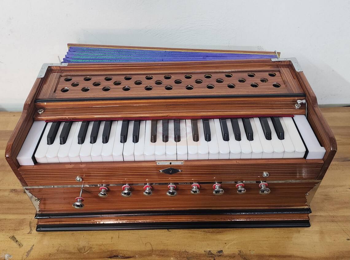 Professional 3.5 Octave Harmonium with Coupler - 9-Stop Wood Instrument, Rat Color - Indian Classical Music & Musician Gift - View 3