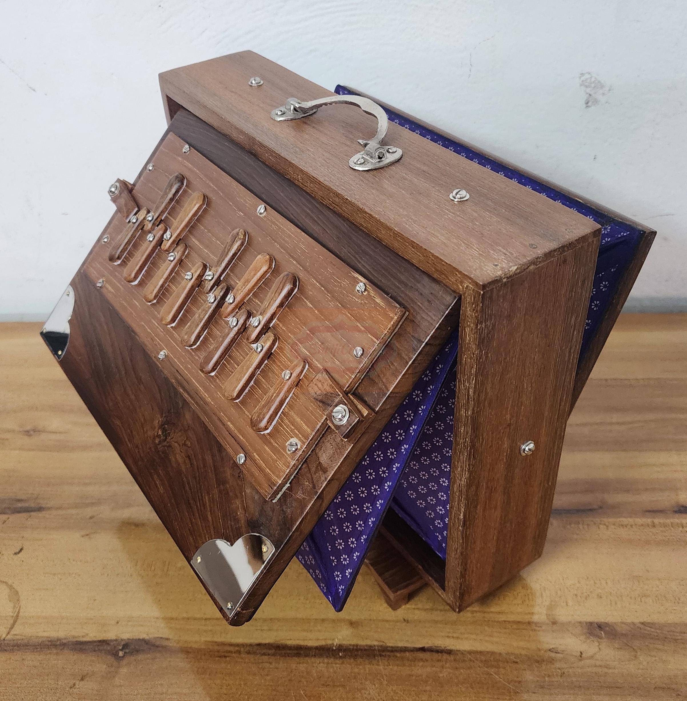 Professional 13-Key Teak Wood Shruti Box – 12x9x3 Inch Indian Instrument with Bag — handcrafted wooden product by Shrijicrafts