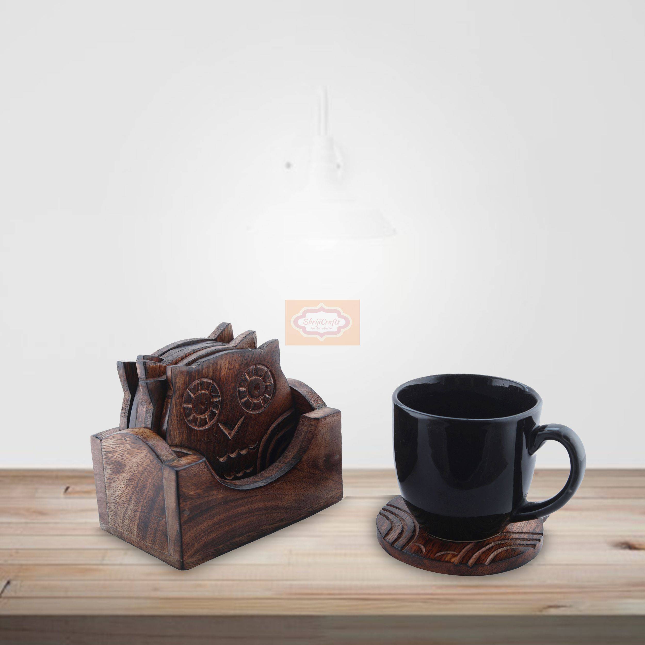 Handcrafted wooden owl coaster set with 6 coasters and a matching storage holder - View 5