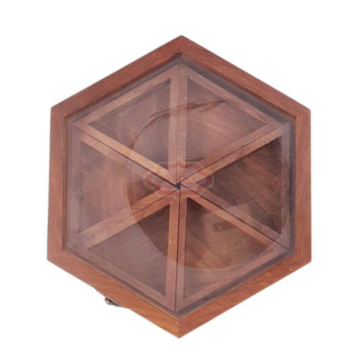 Handcrafted hexagon wooden spice box with 6 spacious compartments and a glass lid - View 2