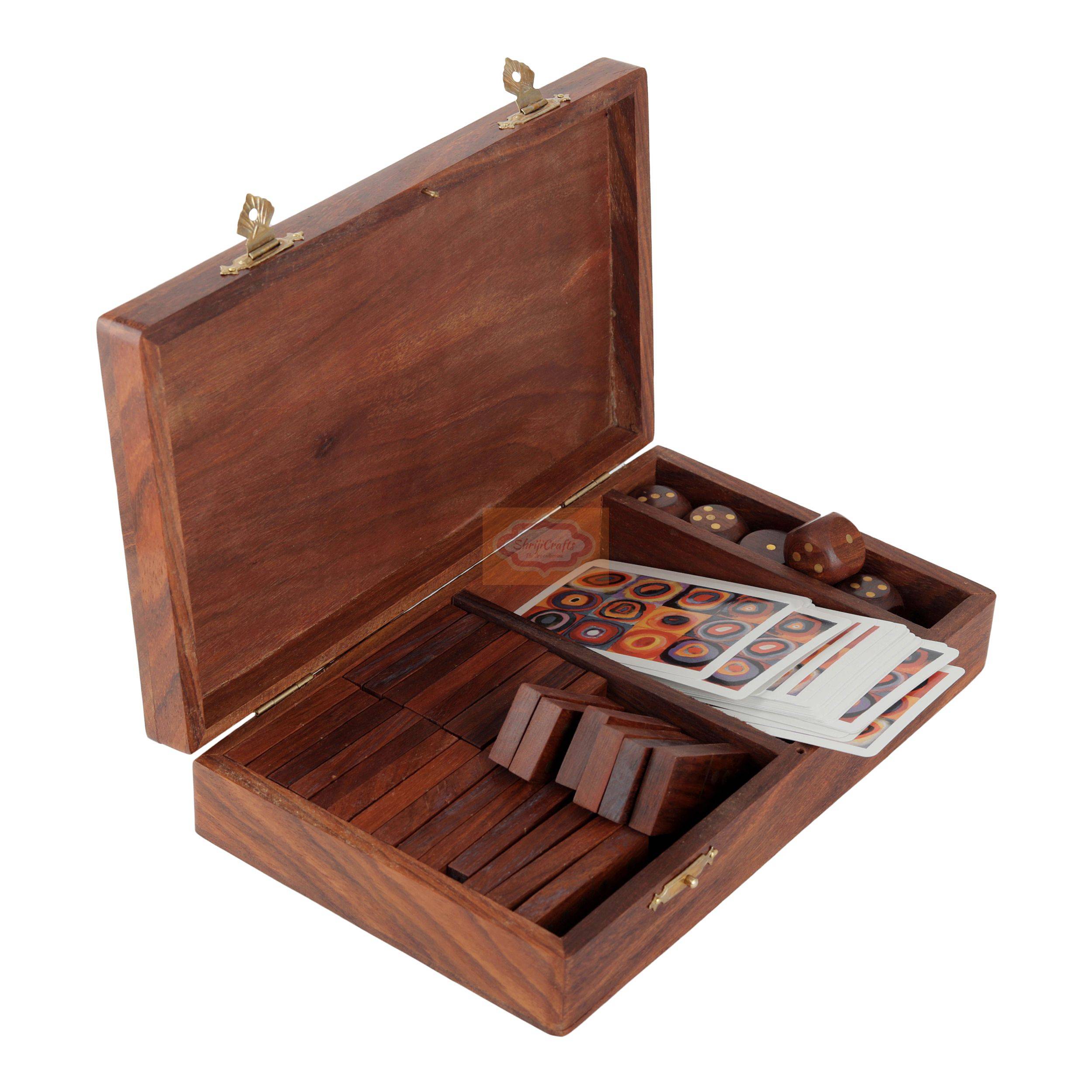 Handcrafted wooden game box with playing cards, dominoes, and wooden dice - View 3