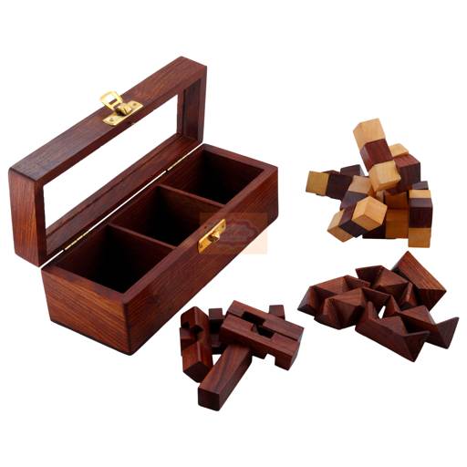 Handcrafted wooden 3-piece interlocking puzzle set made from premium Indian Sheesham wood