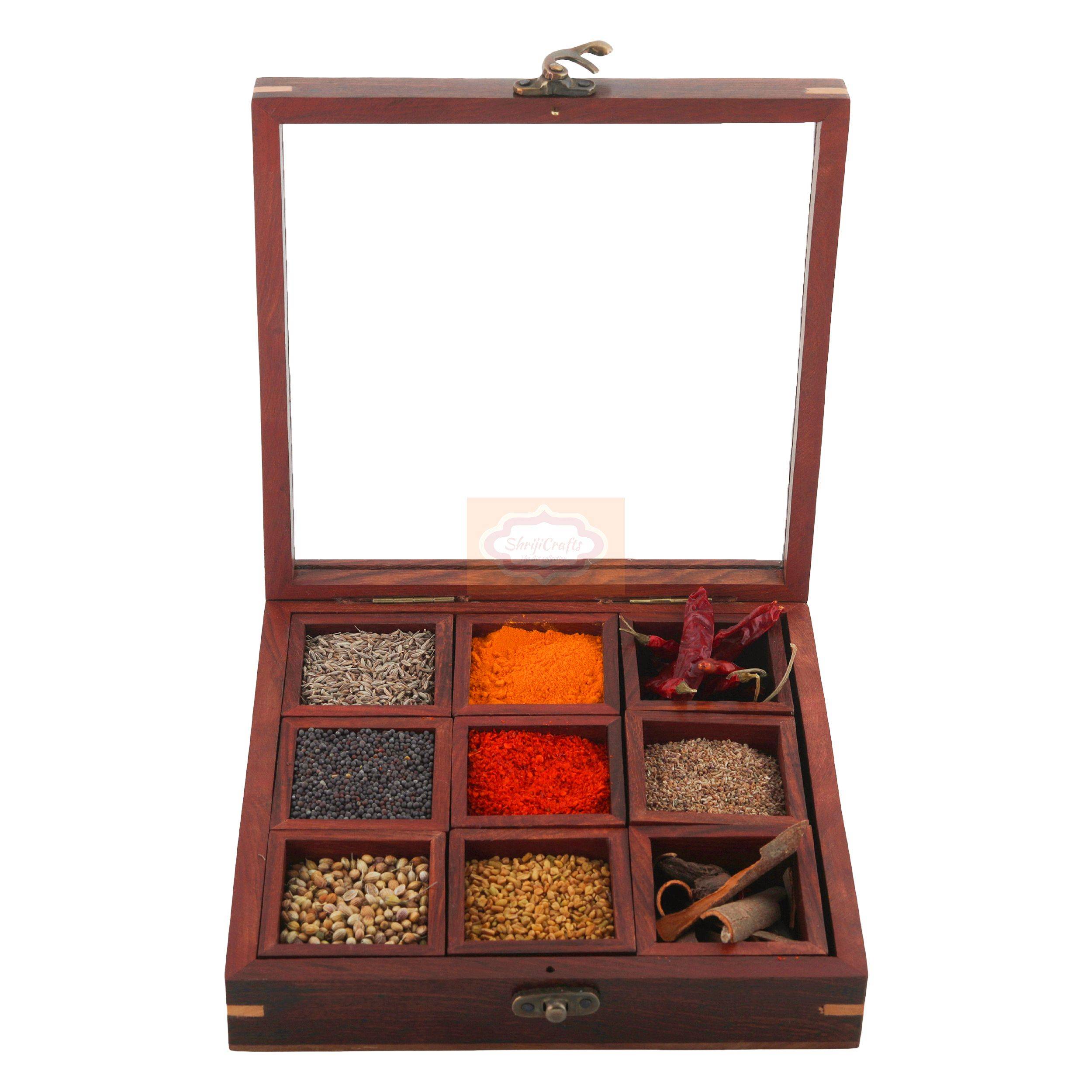 Handcrafted Sheesham Wood Masala Box with 9 bowls and 2 wooden spoons - View 3