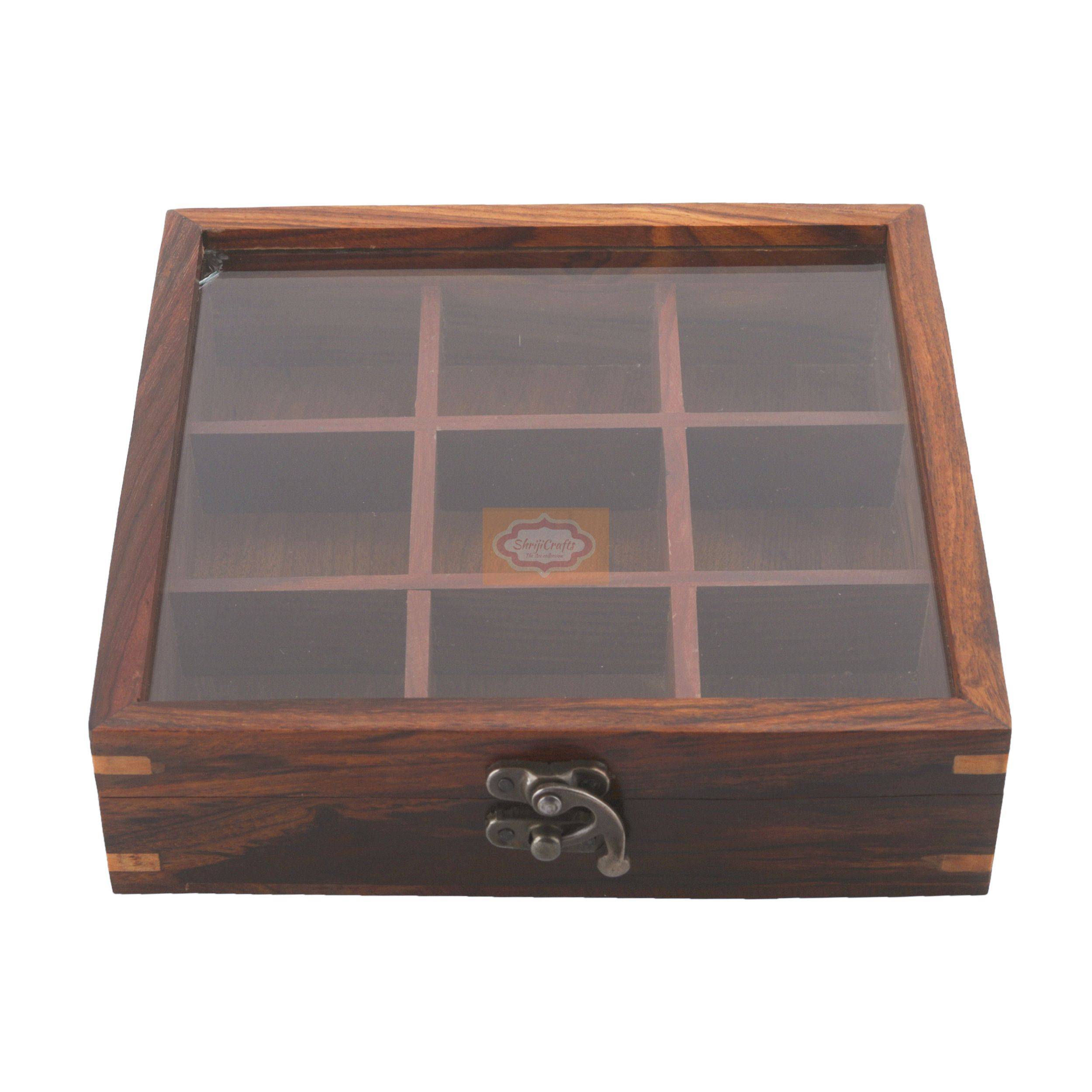 Handcrafted wooden masala box featuring 9 spacious compartments with a clear glass lid - View 6