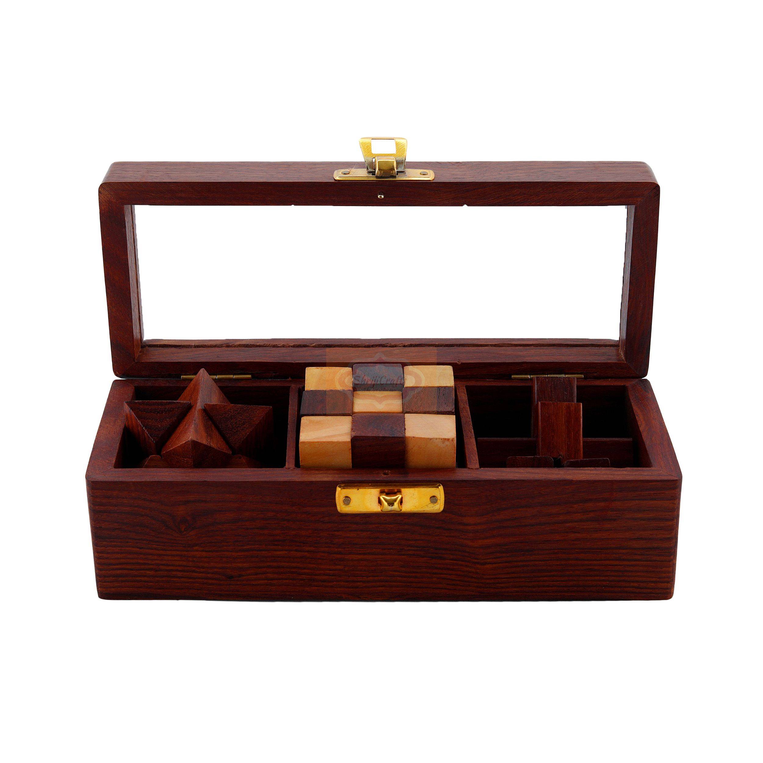 Handcrafted wooden 3-piece interlocking puzzle set made from premium Indian Sheesham wood — handcrafted wooden product by Shrijicrafts