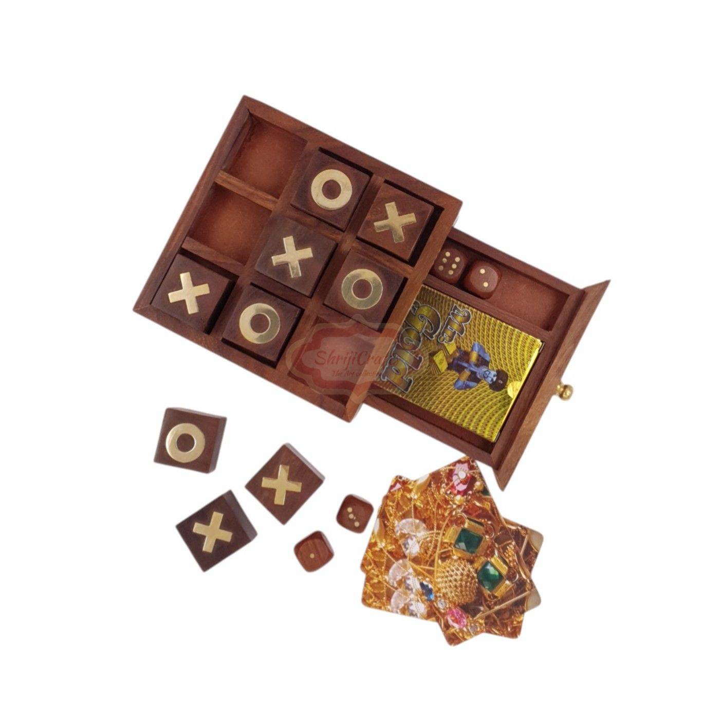 Handcrafted 3-in-1 wooden game box featuring Tic Tac Toe, playing card storage, and 5 dice storage - View 8