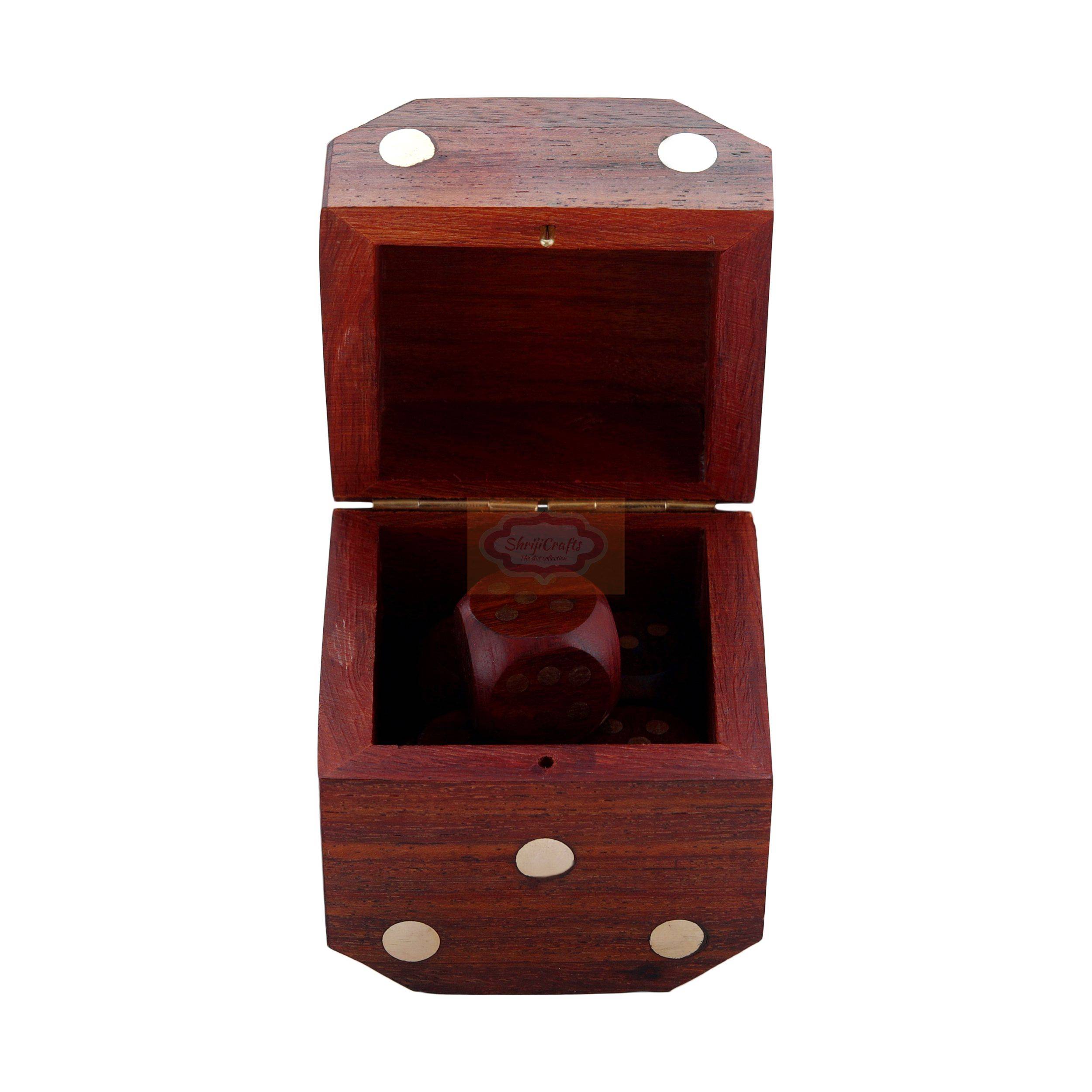 Handcrafted 3-in-1 wooden dice set featuring a storage box, 5 wooden dice, and brain teaser functionality - View 3