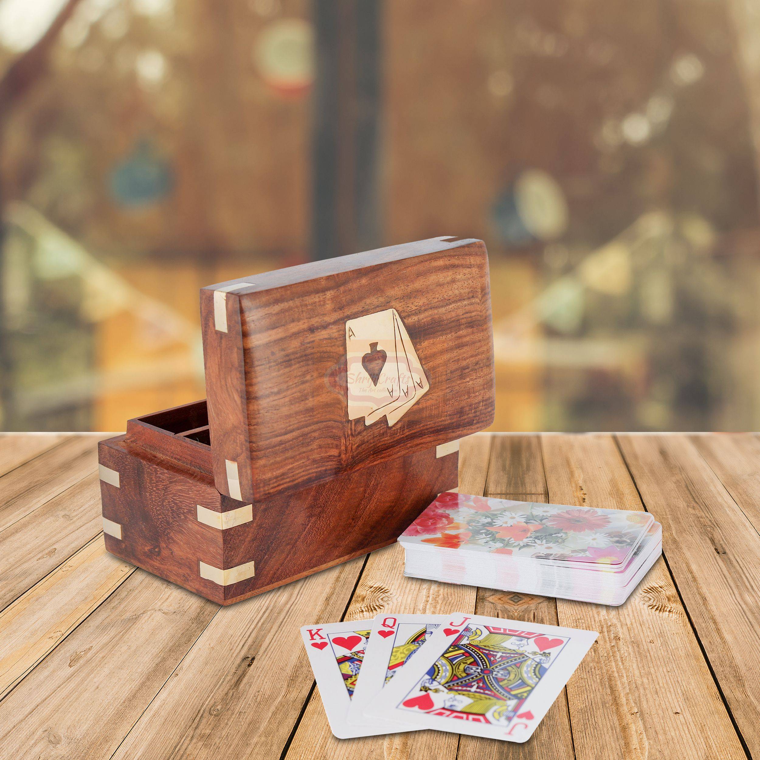 Premium handcrafted Sheesham wood Holds 2 standard playing card decks  - View 6