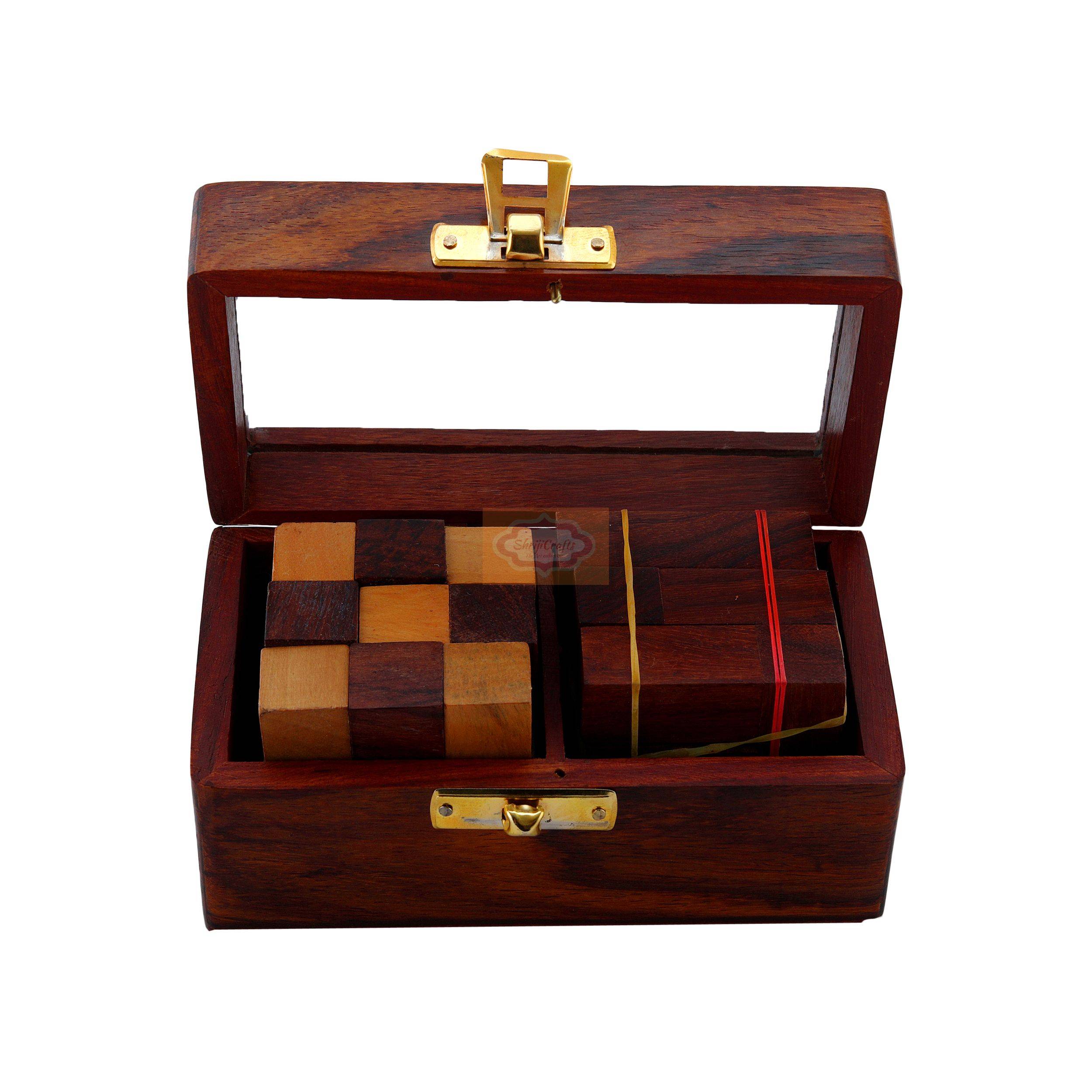 Handcrafted wooden 2-in-1 puzzle set featuring a Snake Cube and Soma Cube — handcrafted wooden product by Shrijicrafts
