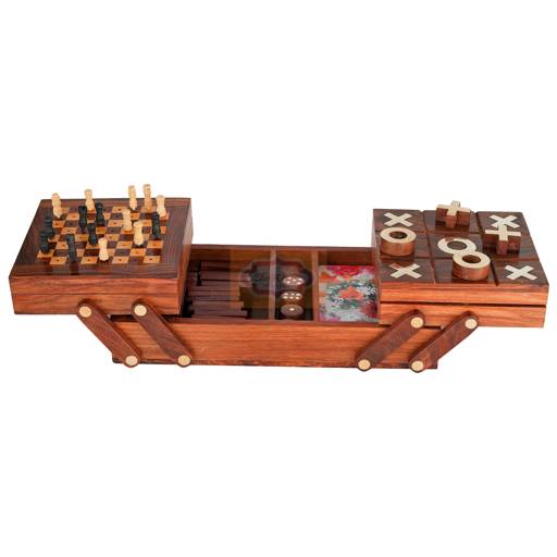Handcrafted 4-in-1 wooden game set featuring Chess, Tic Tac Toe, Playing Cards, and Dice