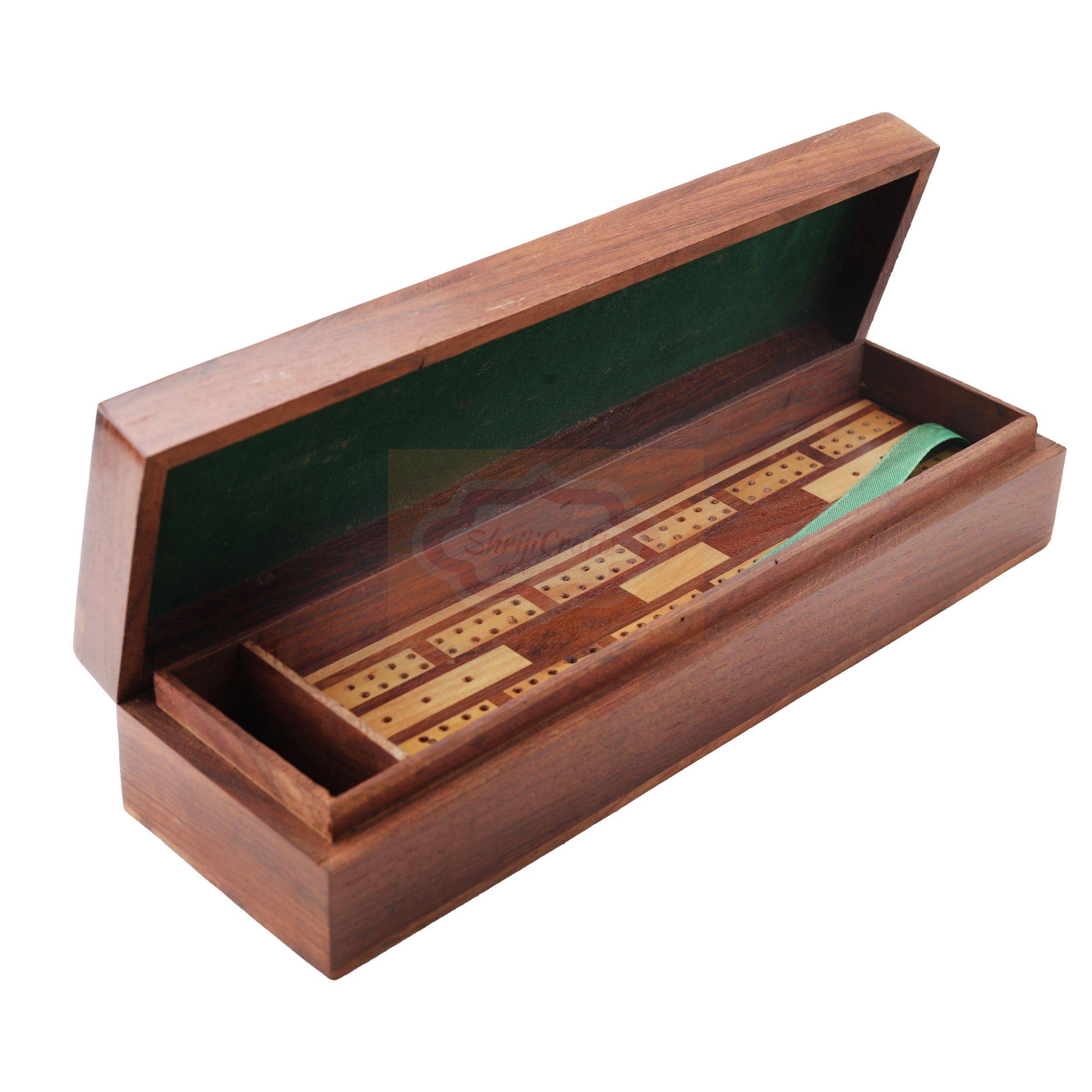 Handcrafted wooden cribbage storage box for organizing cribbage pegs and game accessories — handcrafted wooden product by Shrijicrafts
