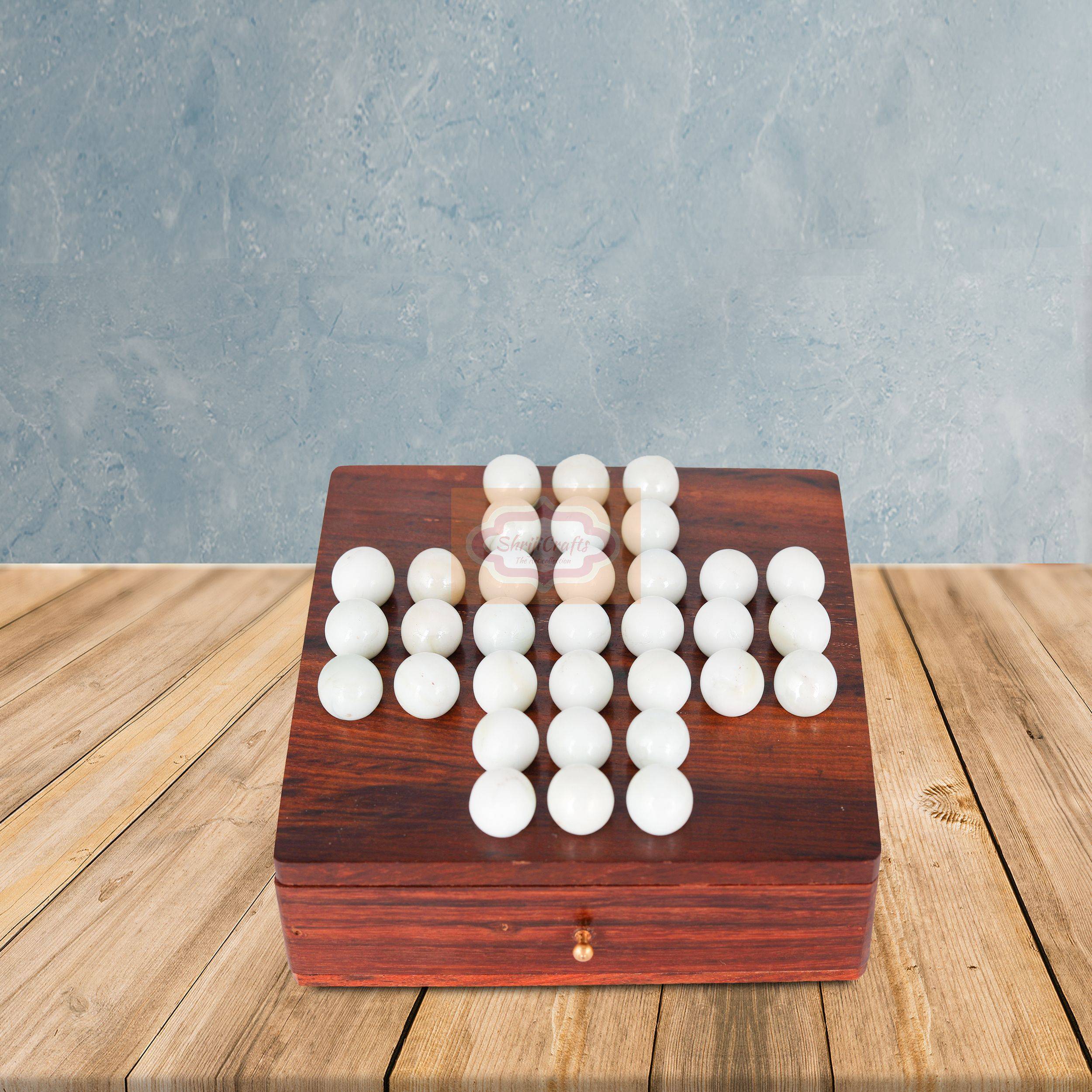 Handcrafted wooden Solitaire (Brainvita) game with built-in storage compartment — handcrafted wooden product by Shrijicrafts
