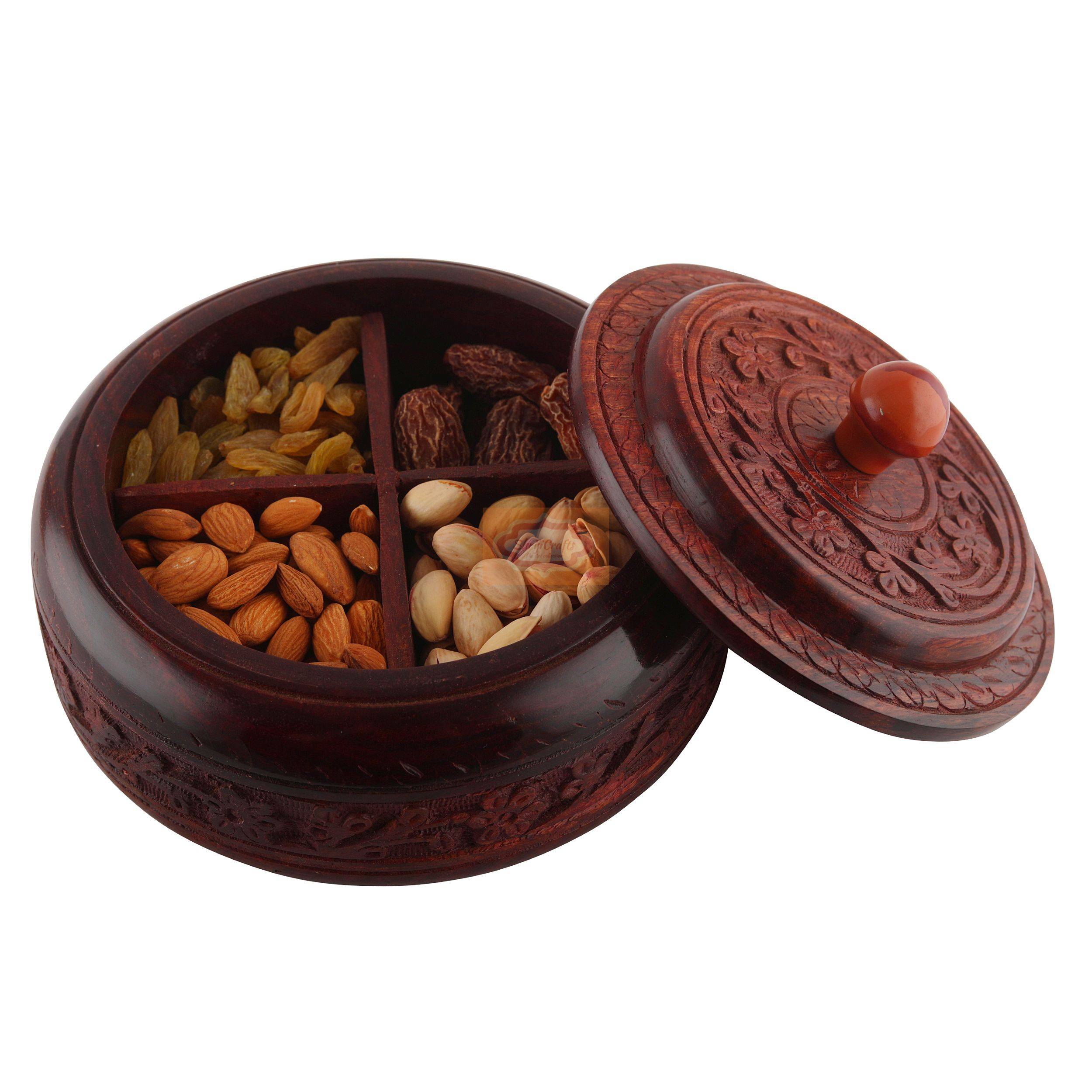 Handcrafted Sheesham wood dry fruit box with elegant hand-carved floral design - View 2
