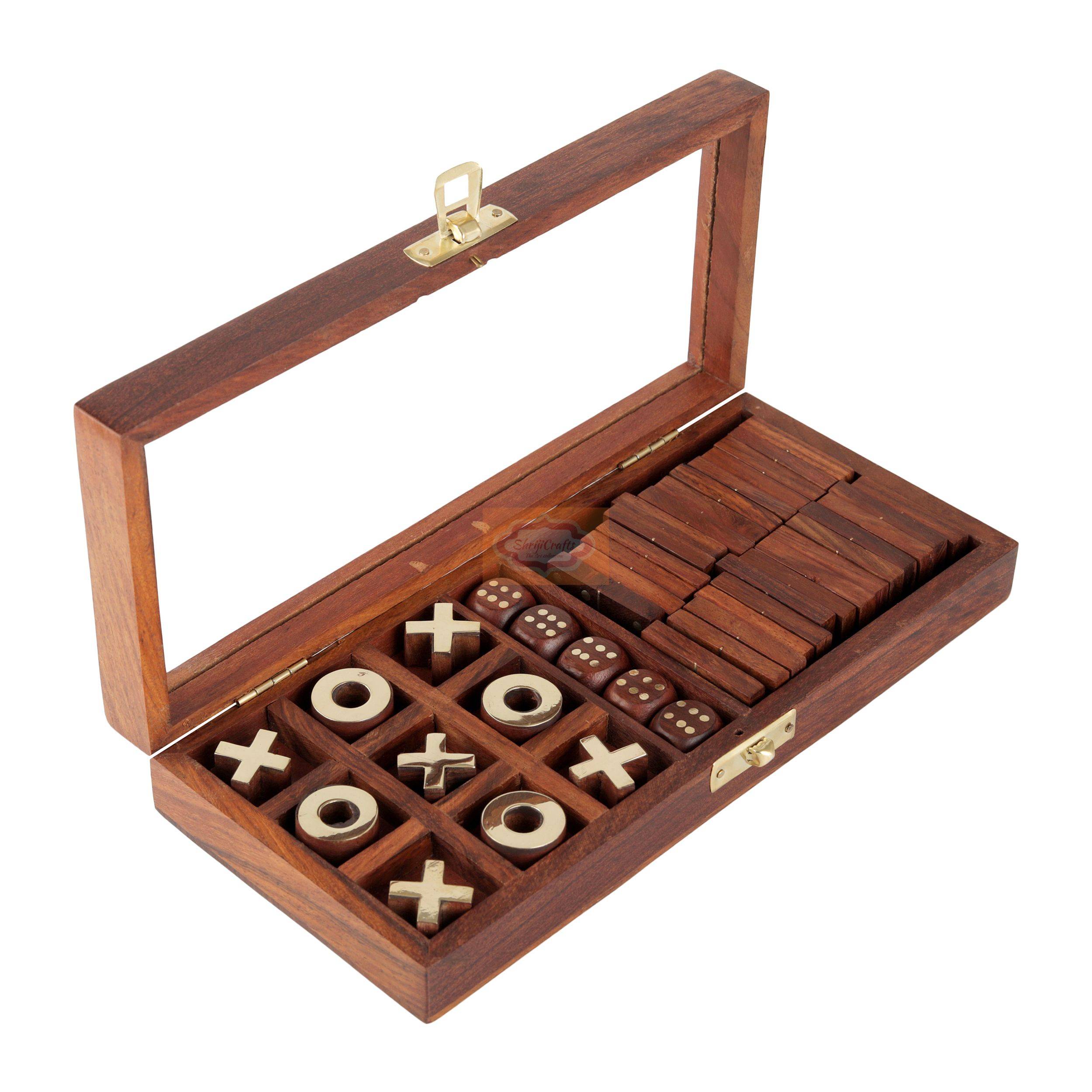 Handcrafted 3-in-1 wooden parlour game set featuring 28 domino tiles, Tic Tac Toe, and a 5-dice game - View 2