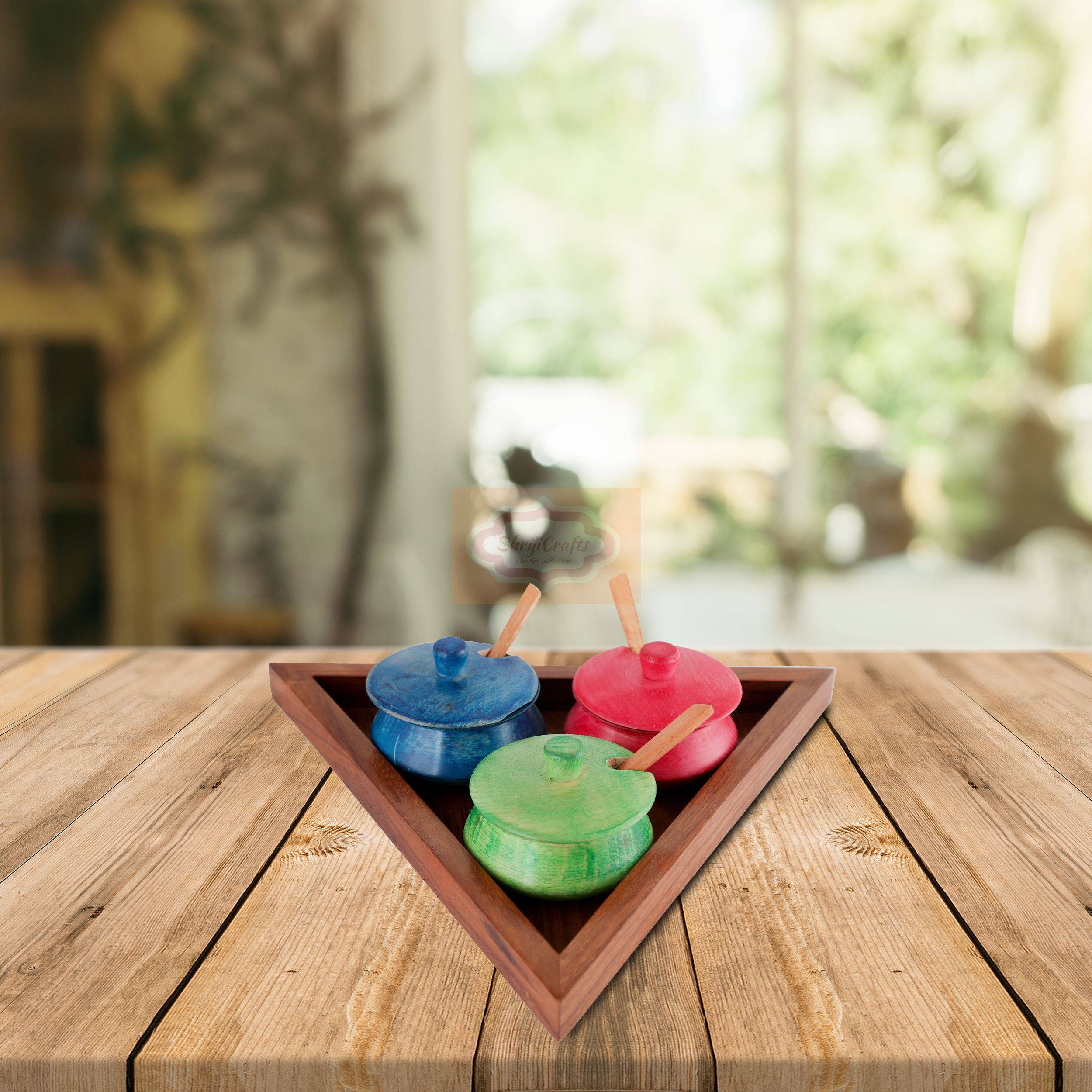 Handcrafted multicolor wooden mukhwas container set with 3 bowls, matching spoons, and a stylish triangle serving tray - View 3