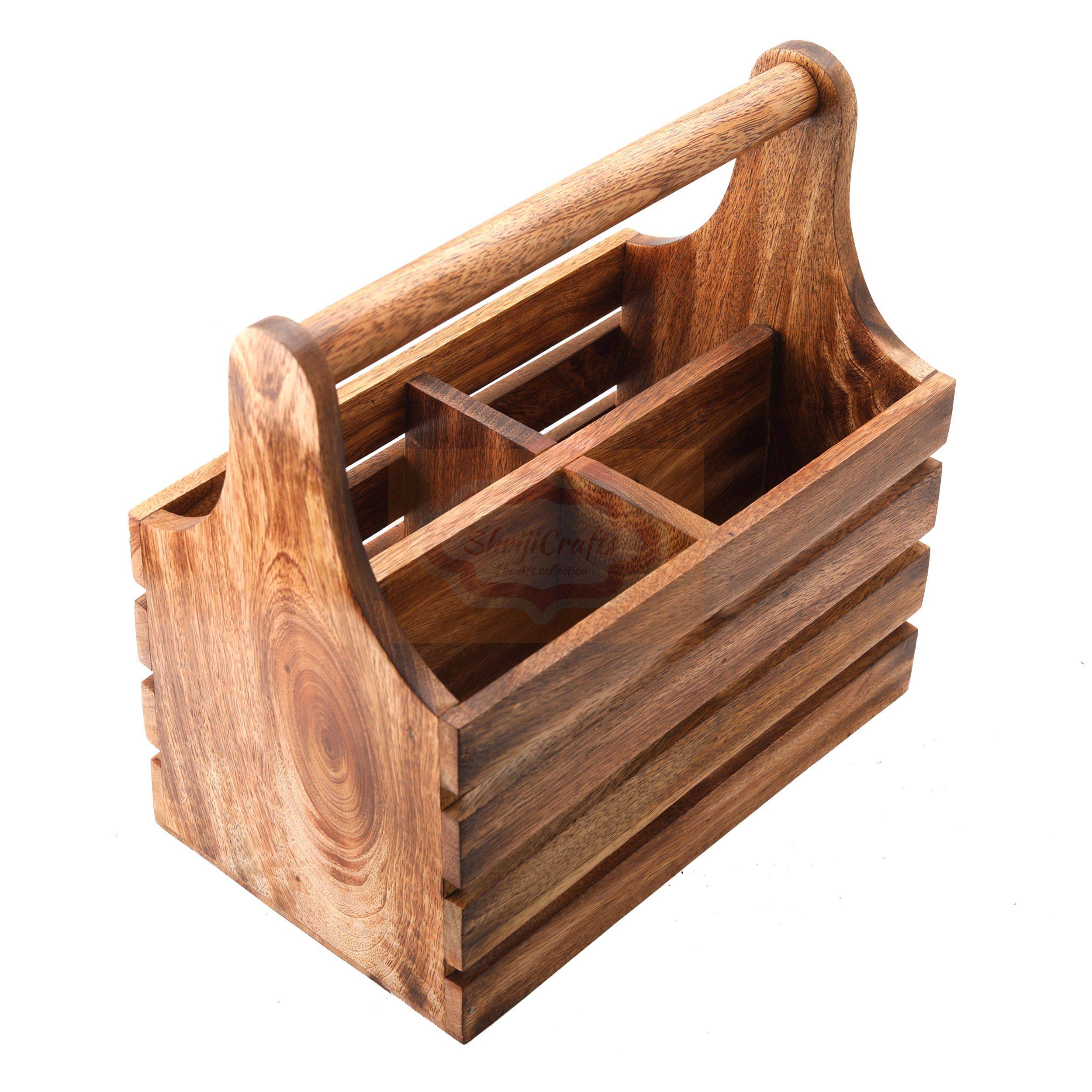 Handcrafted wooden storage basket with a sturdy carrying handle and multiple compartments - View 3