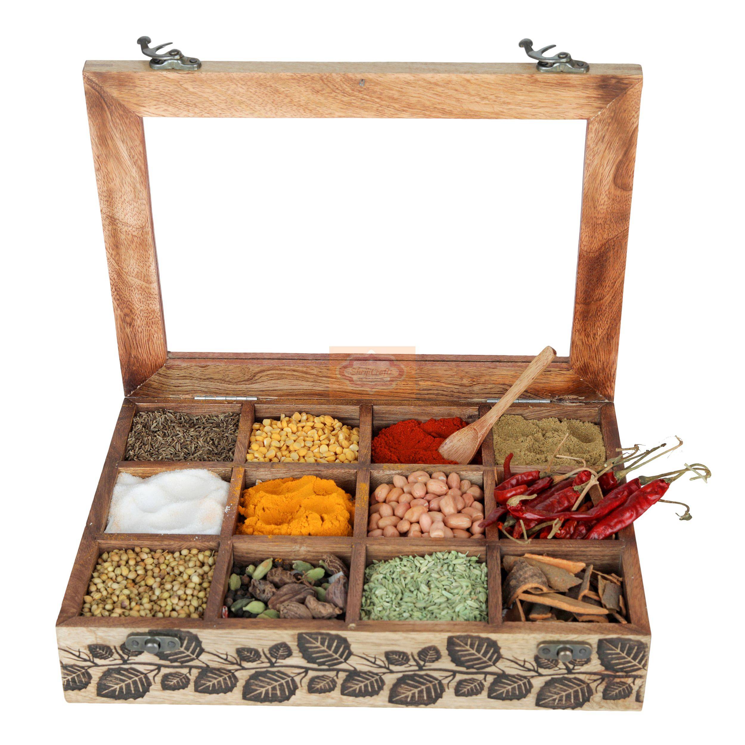 Handcrafted wooden masala box with a transparent glass lid and elegant carved detailing - View 3