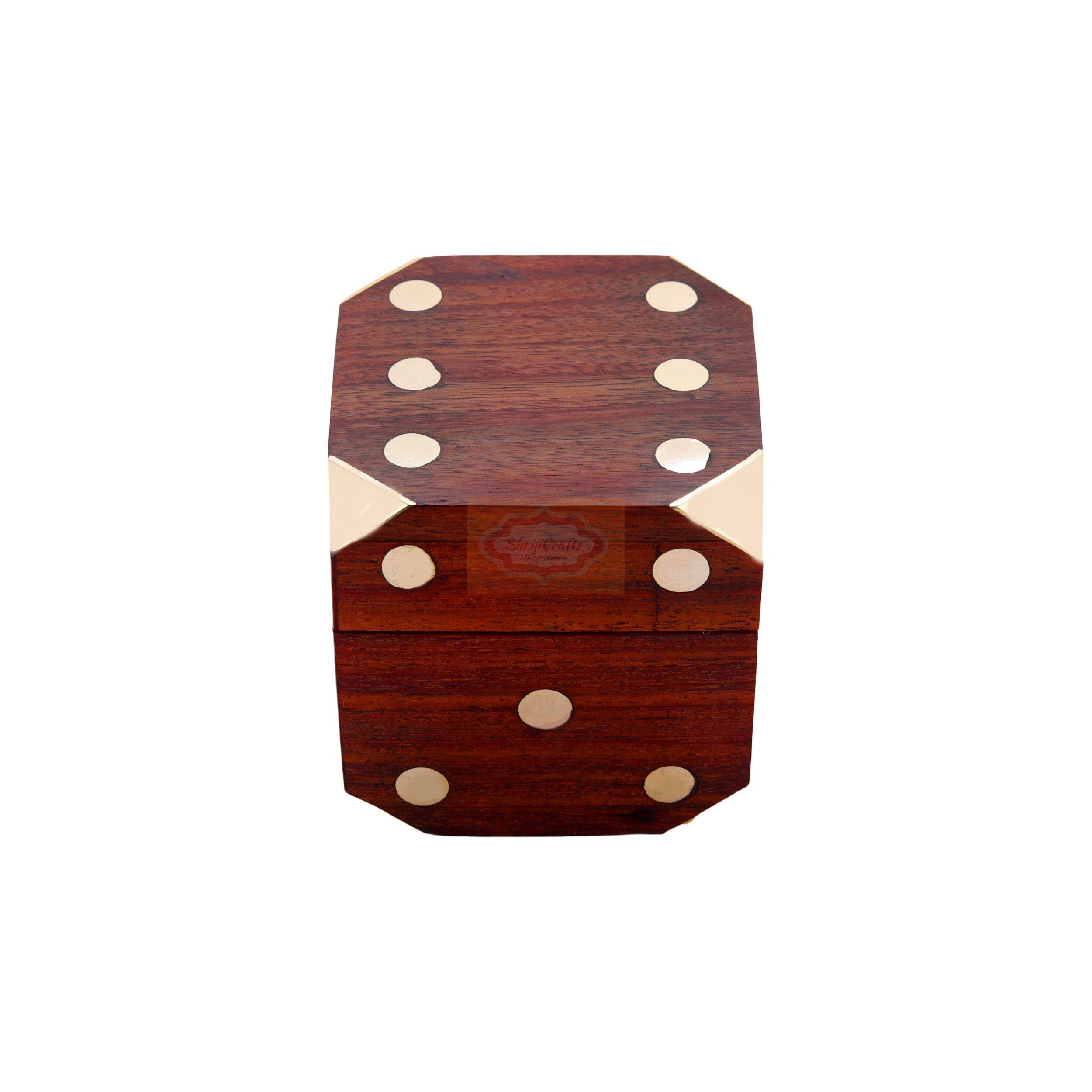 Handcrafted 3-in-1 wooden dice set featuring a storage box, 5 wooden dice, and brain teaser functionality - View 4