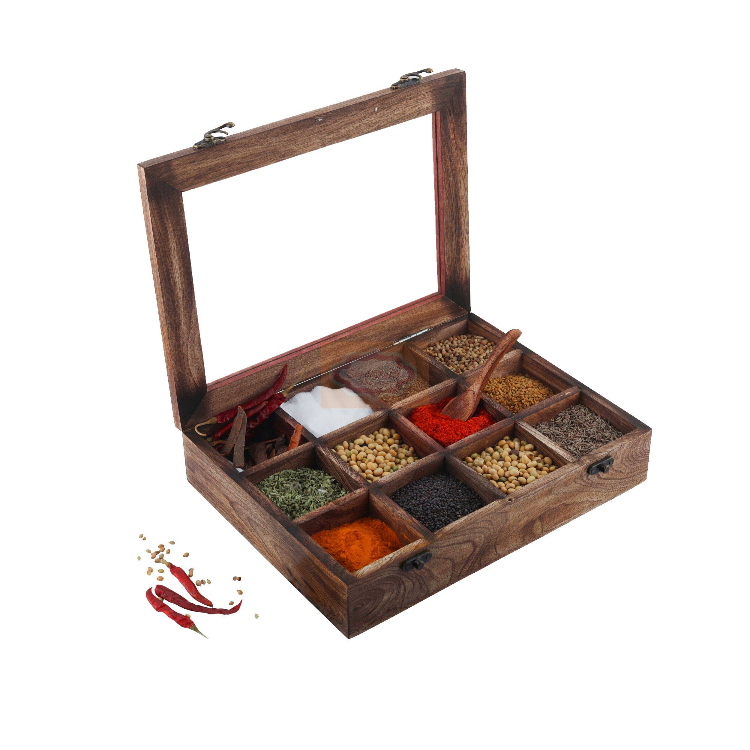 Handcrafted Mango Wood Spice Box with spoon - View 2