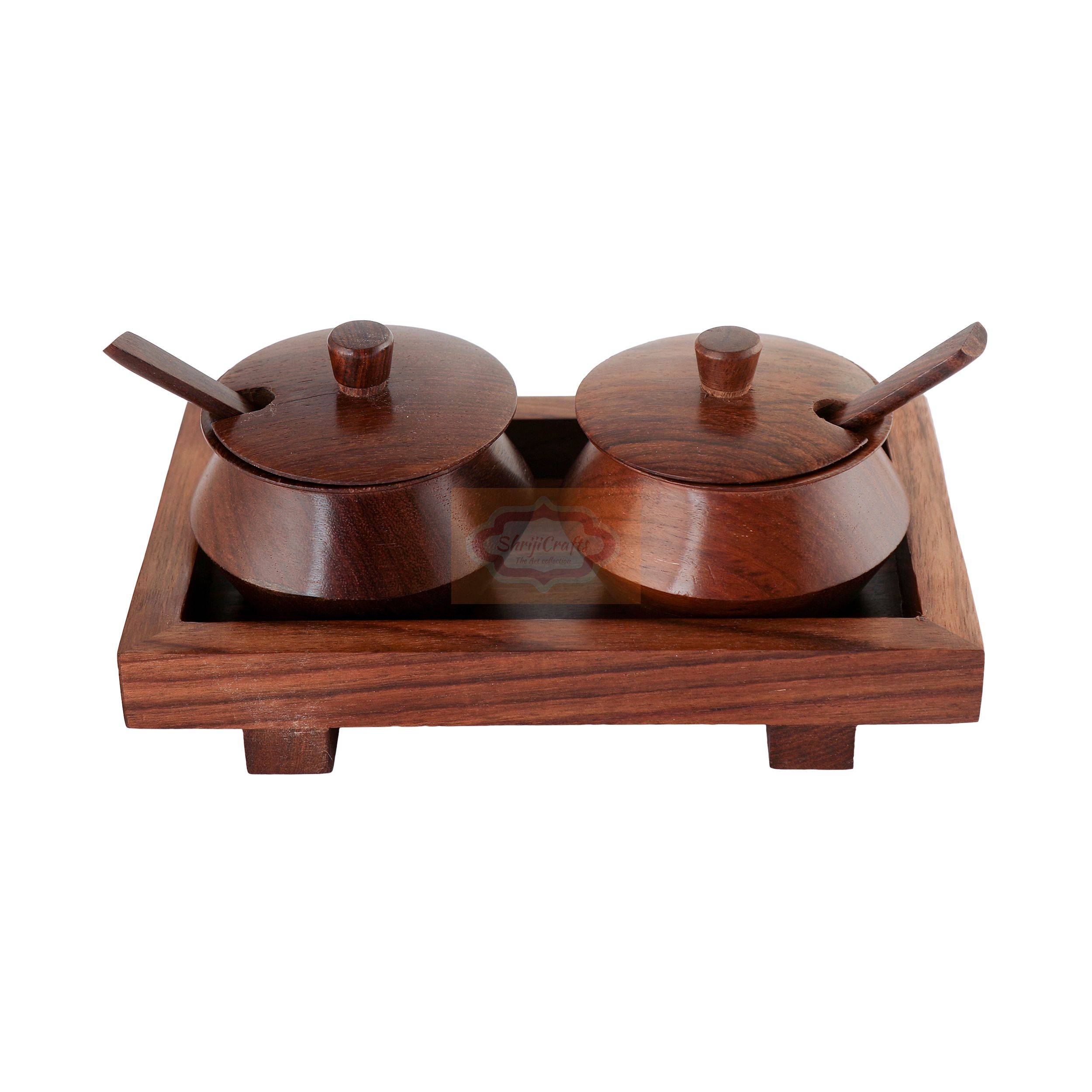 Handcrafted wooden 2-bowl mukhwas container set with matching tray and serving spoons - View 2
