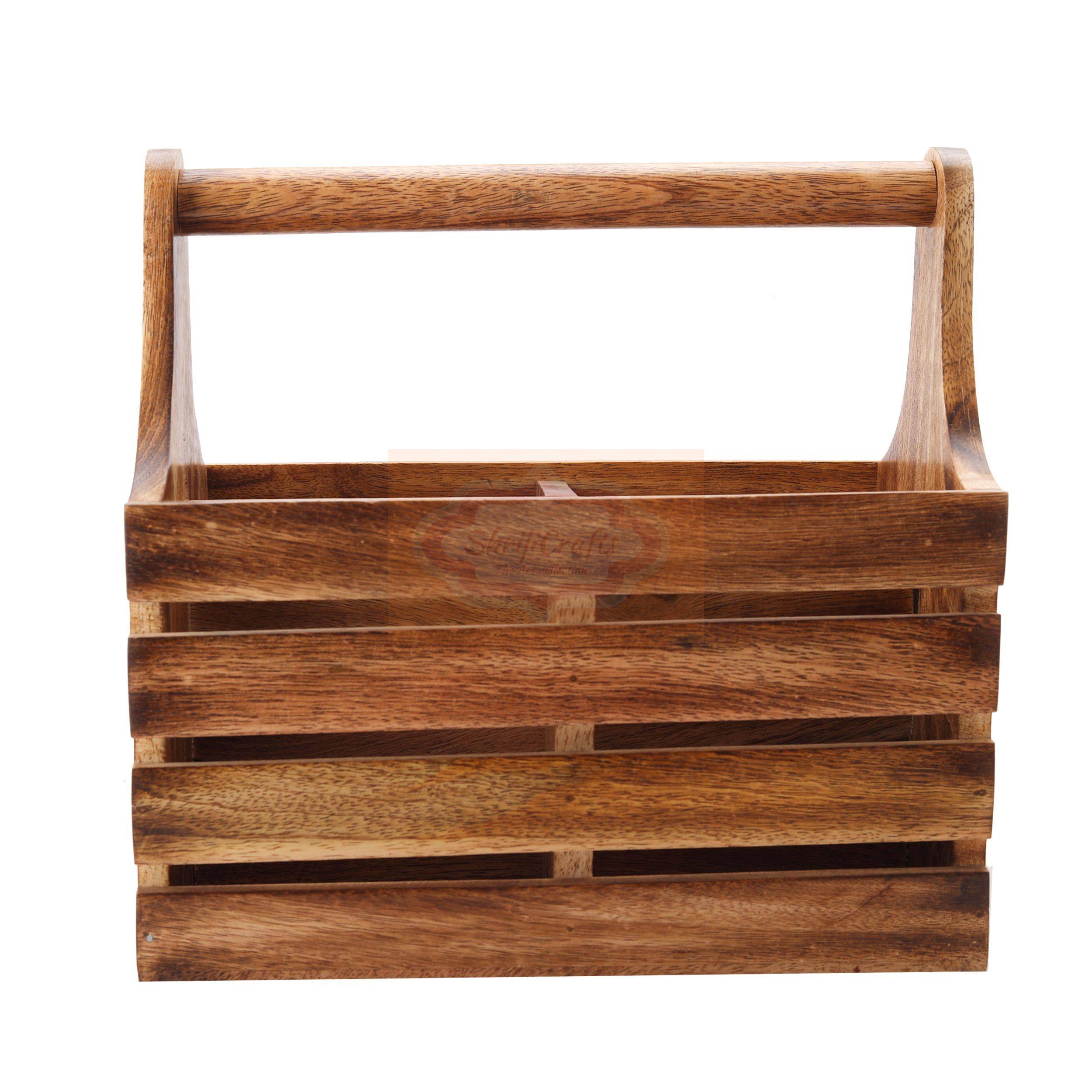 Handcrafted wooden storage basket with a sturdy carrying handle and multiple compartments - View 2