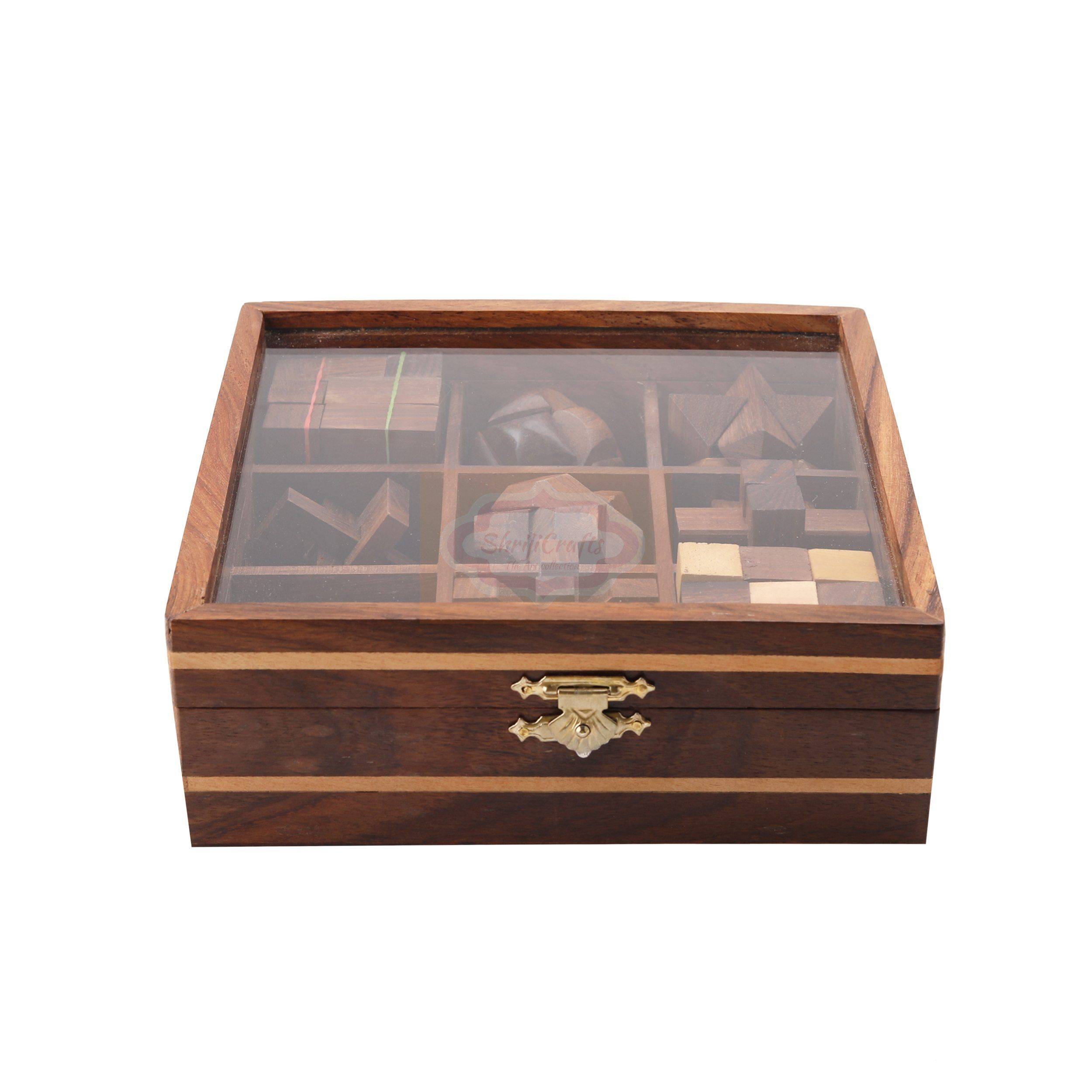 Handcrafted 9-in-1 wooden puzzle set featuring a premium glass lid storage box — handcrafted wooden product by Shrijicrafts