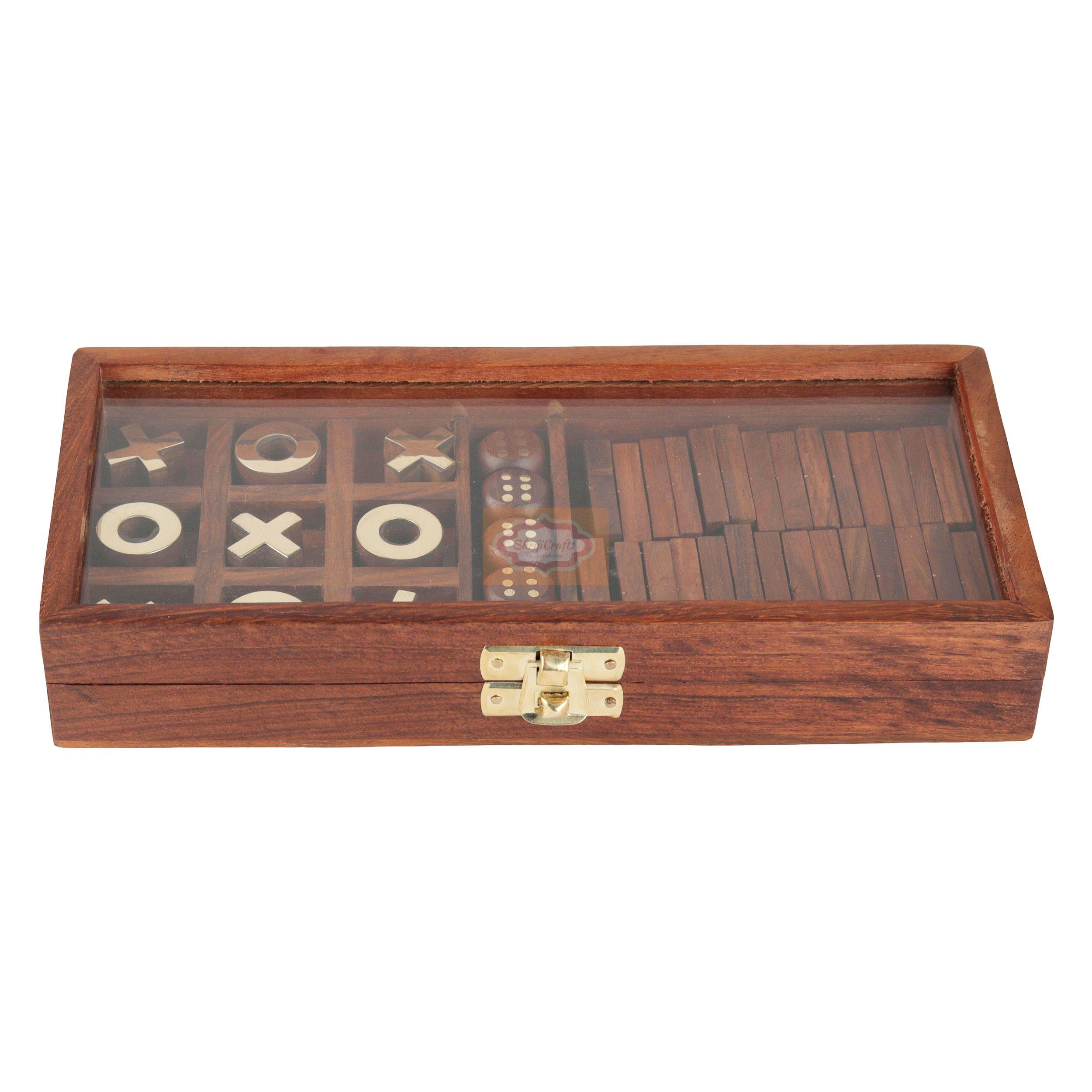 Handcrafted 3-in-1 wooden parlour game set featuring 28 domino tiles, Tic Tac Toe, and a 5-dice game - View 4