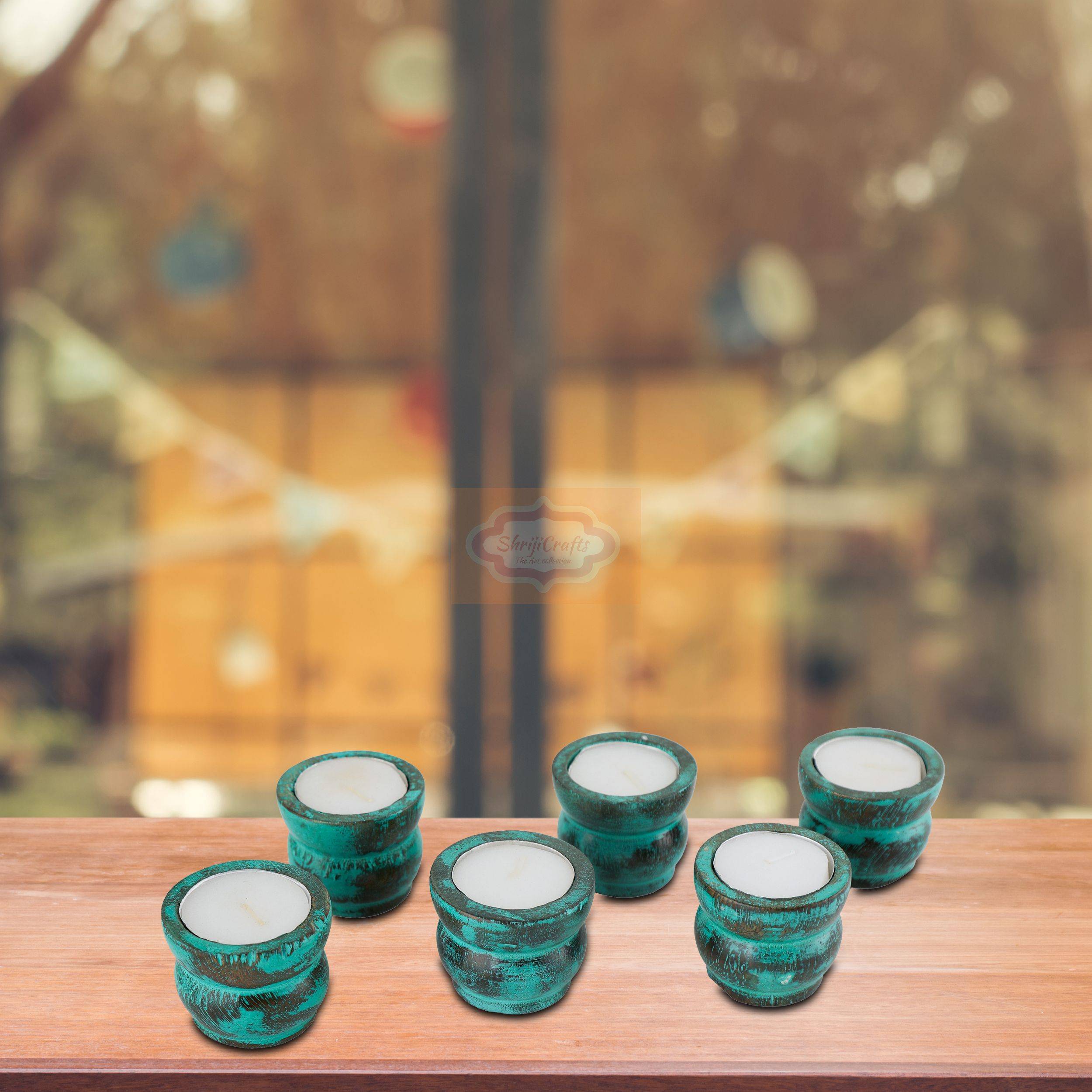 Handcrafted wooden tealight candle holder set of 6 with an elegant decorative finish - View 6