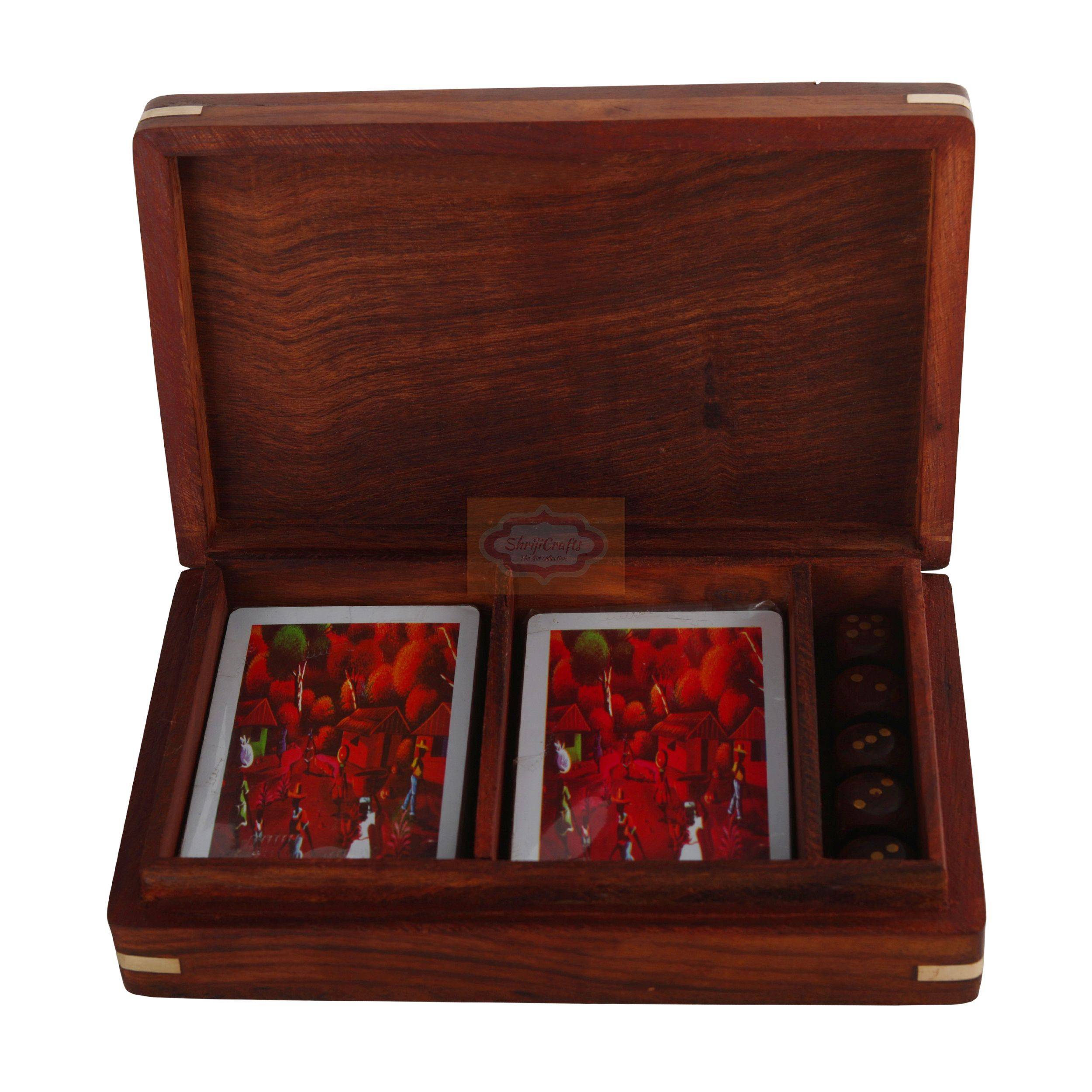 Handcrafted wooden playing card box designed to store 2 decks of cards and 5 dice - View 4