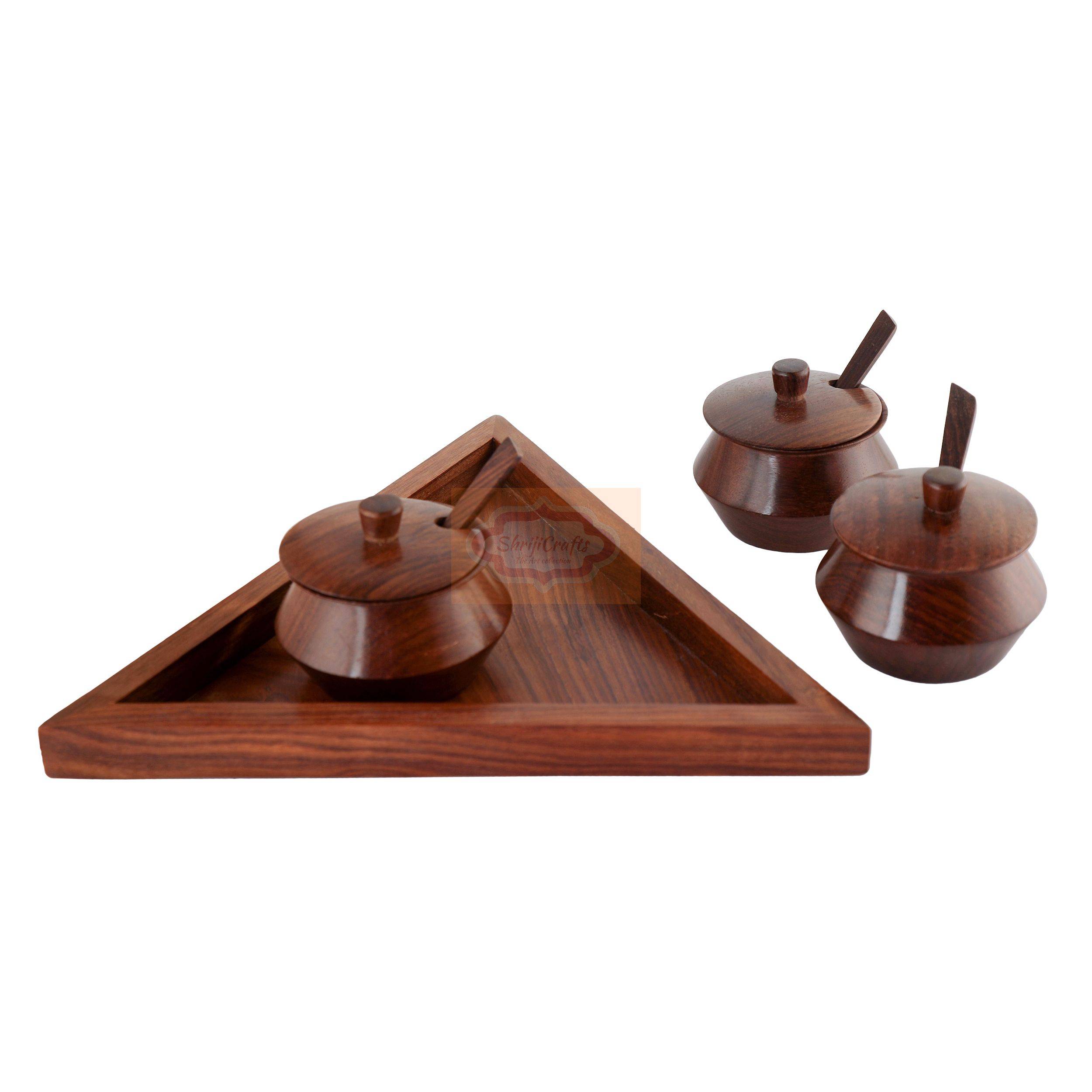 Handcrafted multicolor wooden mukhwas container set with 3 bowls, matching spoons, and a stylish triangle serving tray - View 2