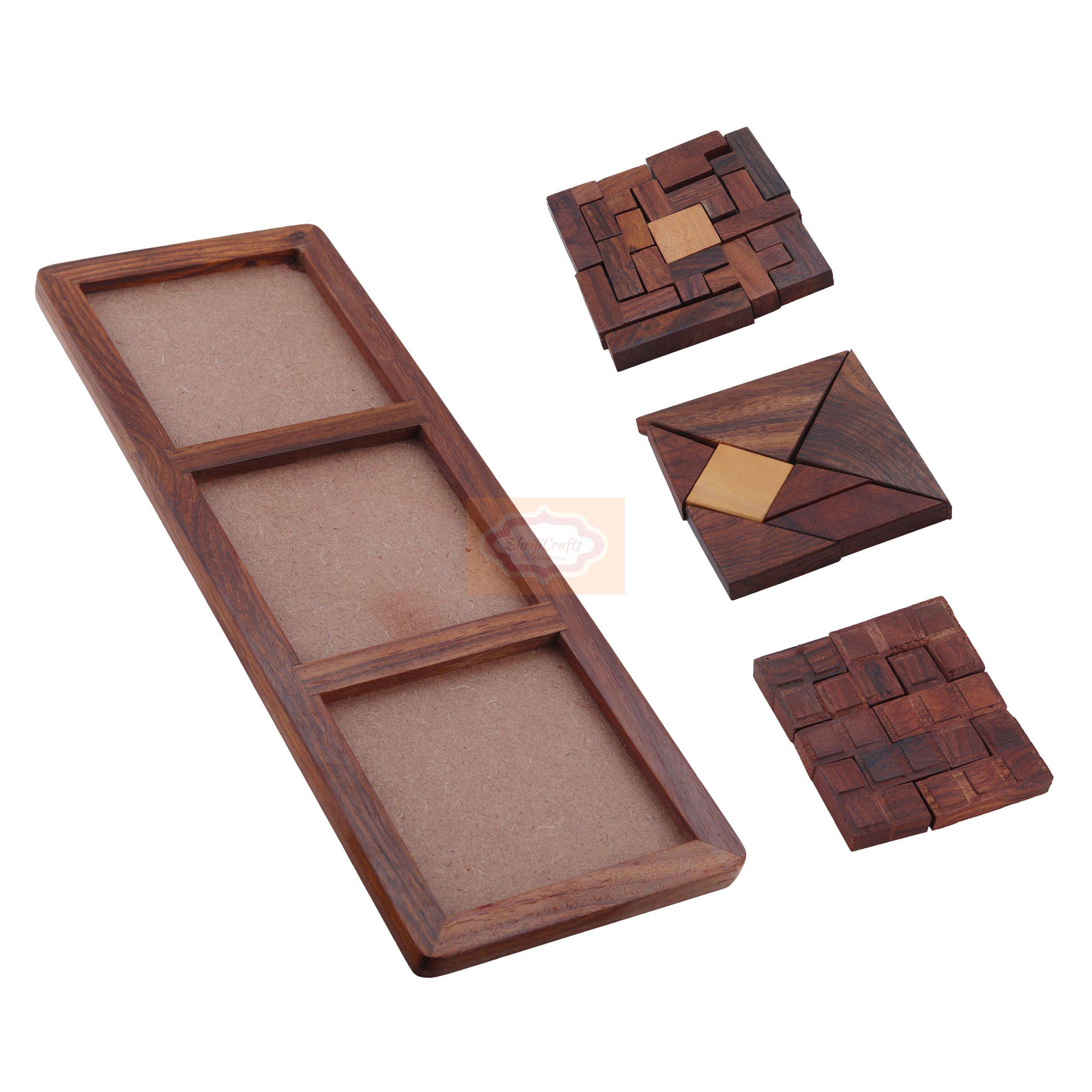 Handcrafted 3-in-1 Wooden Block Puzzle Game featuring jigsaw puzzles and brain teasers — handcrafted wooden product by Shrijicrafts