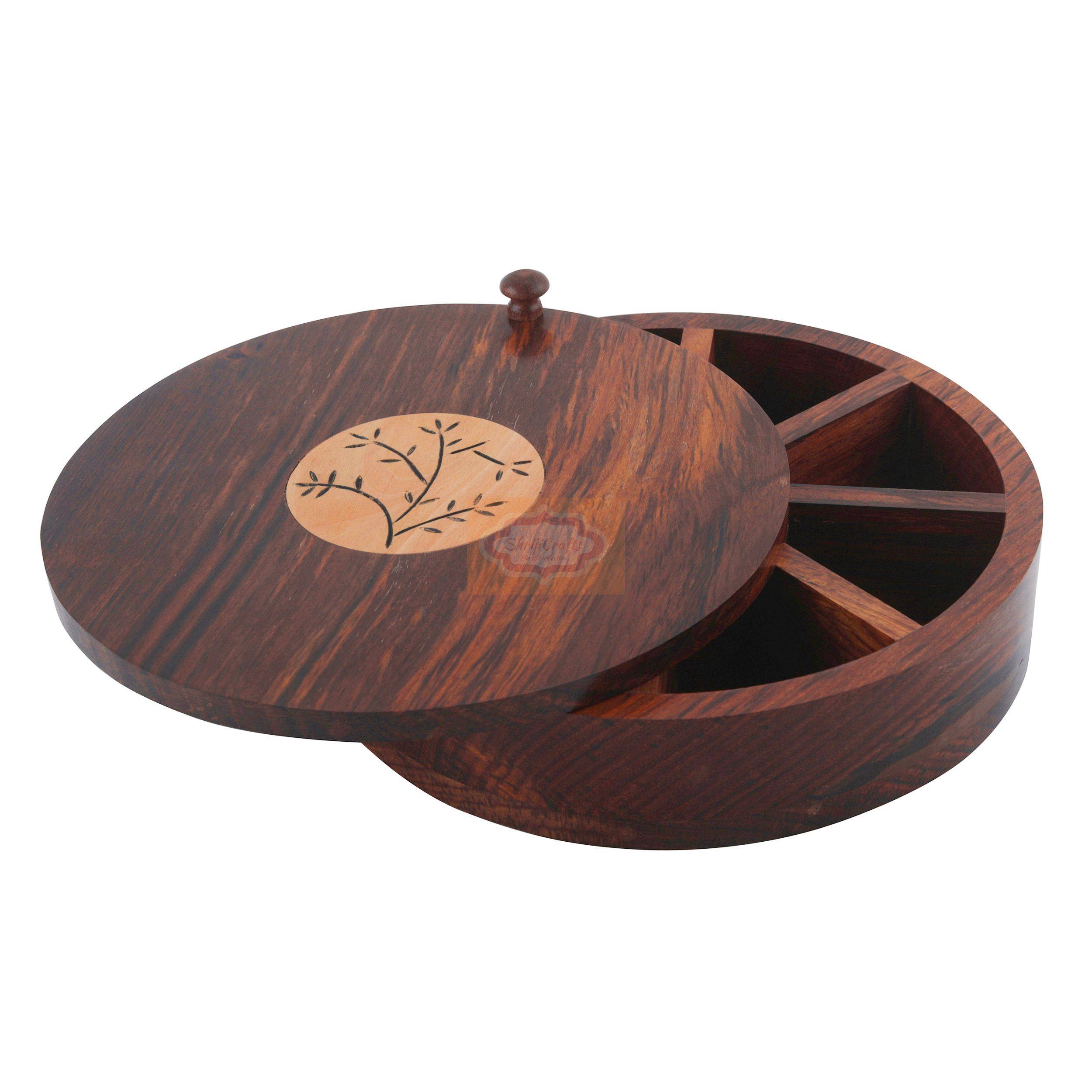 Handcrafted wooden spice box with a convenient rotating lid and multiple compartments - View 5