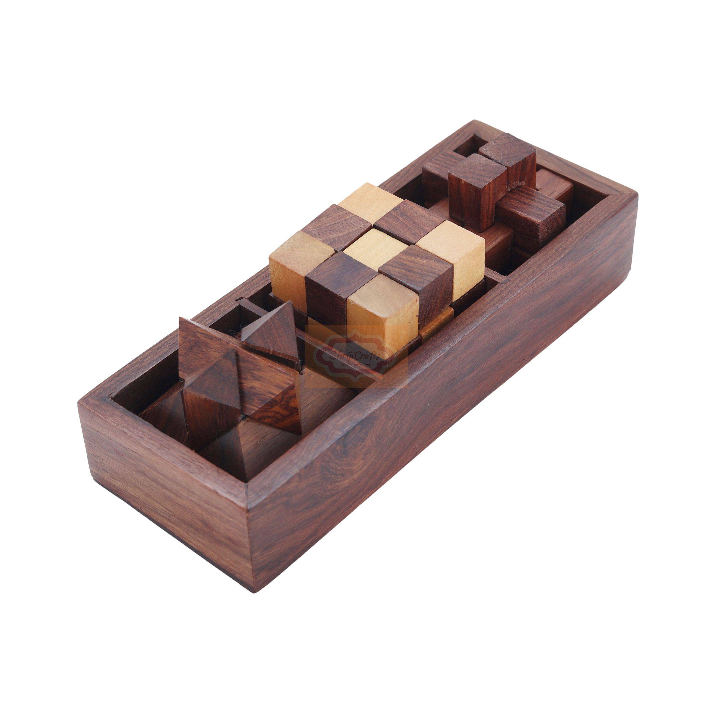 This set includes three 3D puzzles: diagonal burr, snake cube and interlocking blocks — handcrafted wooden product by Shrijicrafts