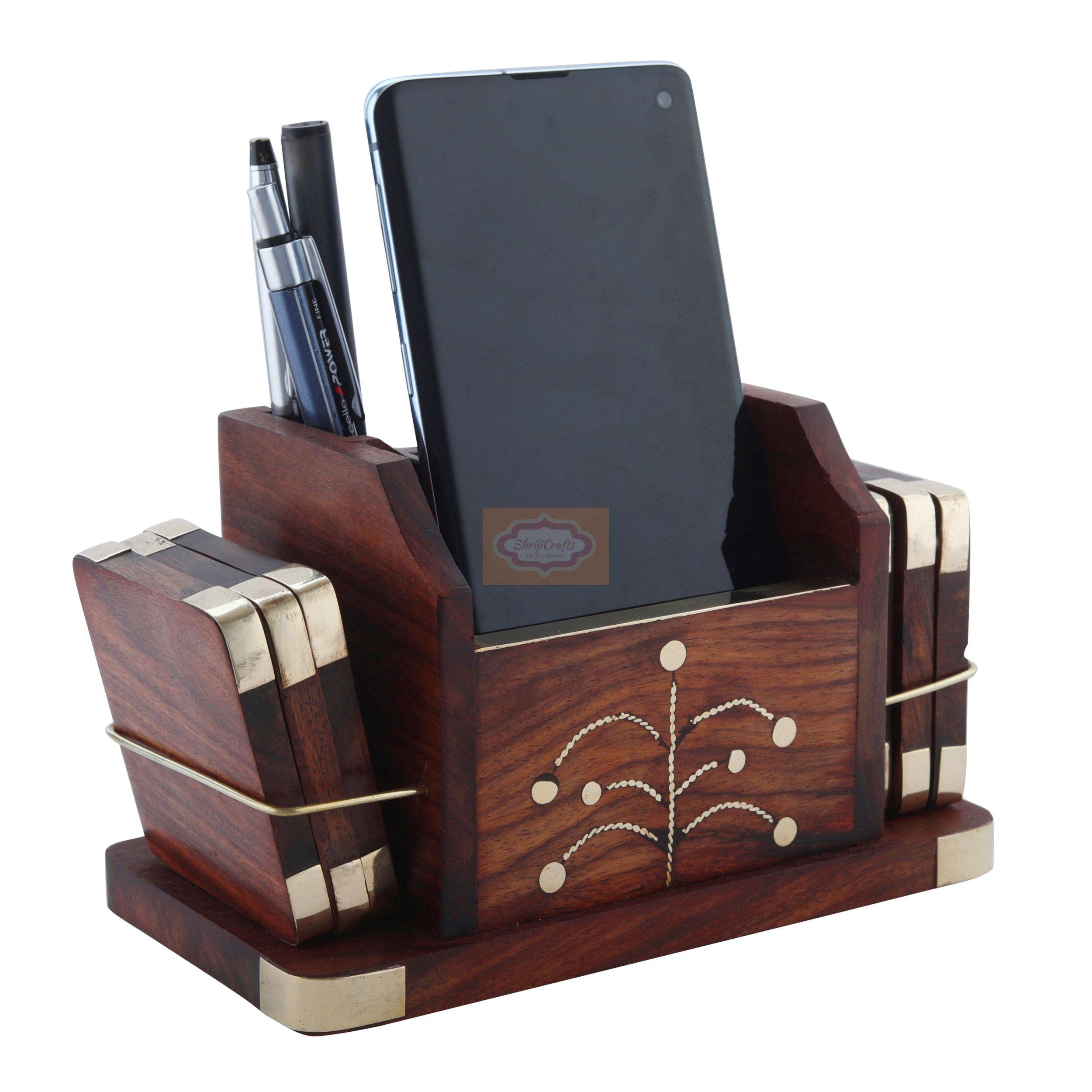 Handcrafted Sheesham wood desk organizer with matching coaster set and elegant brass inlay - View 2