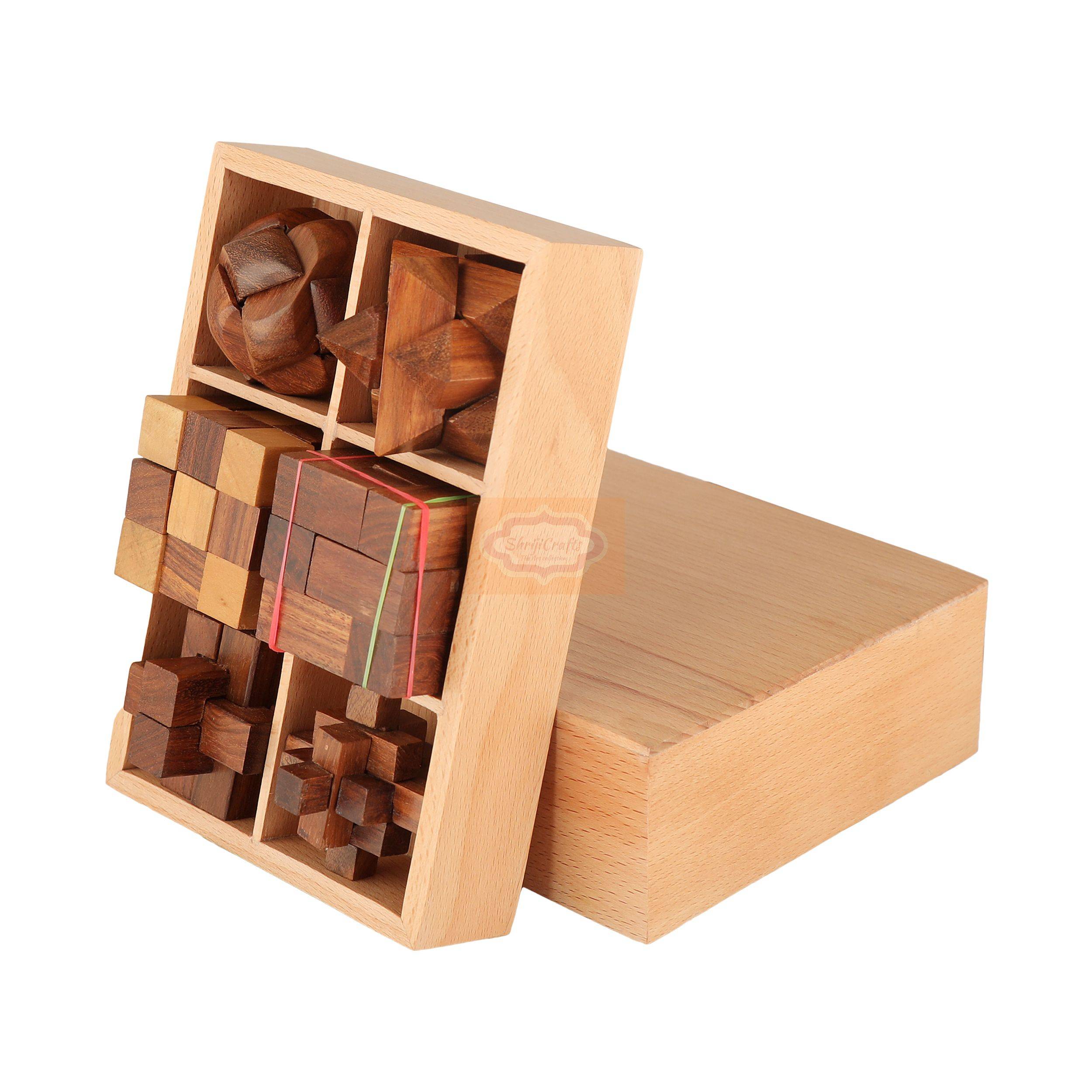Handcrafted 6-in-1 Wooden Brain Teaser Puzzle Set beautifully crafted from premium pine wood — handcrafted wooden product by Shrijicrafts