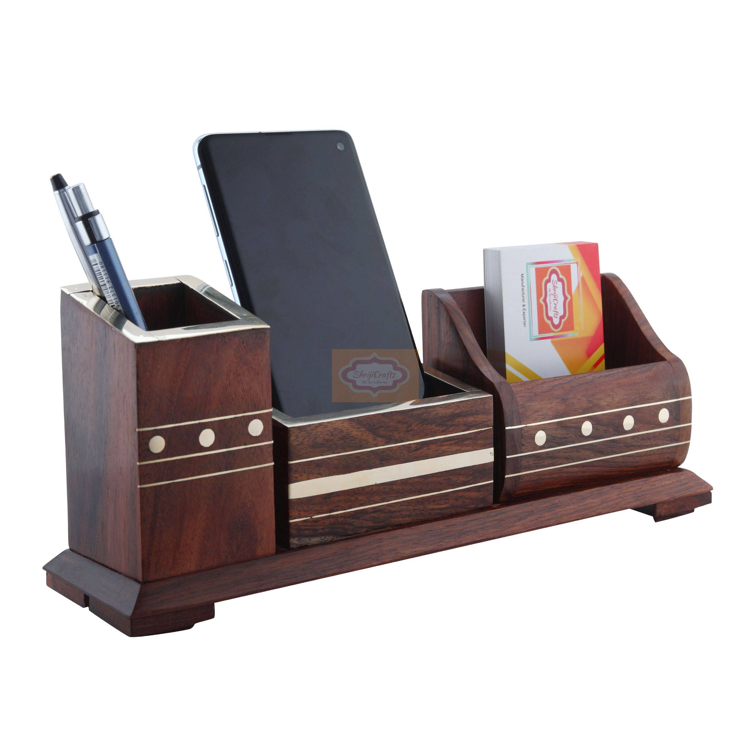 Handcrafted wooden desk organizer with pen holder, mobile stand, and visiting card holder - View 2
