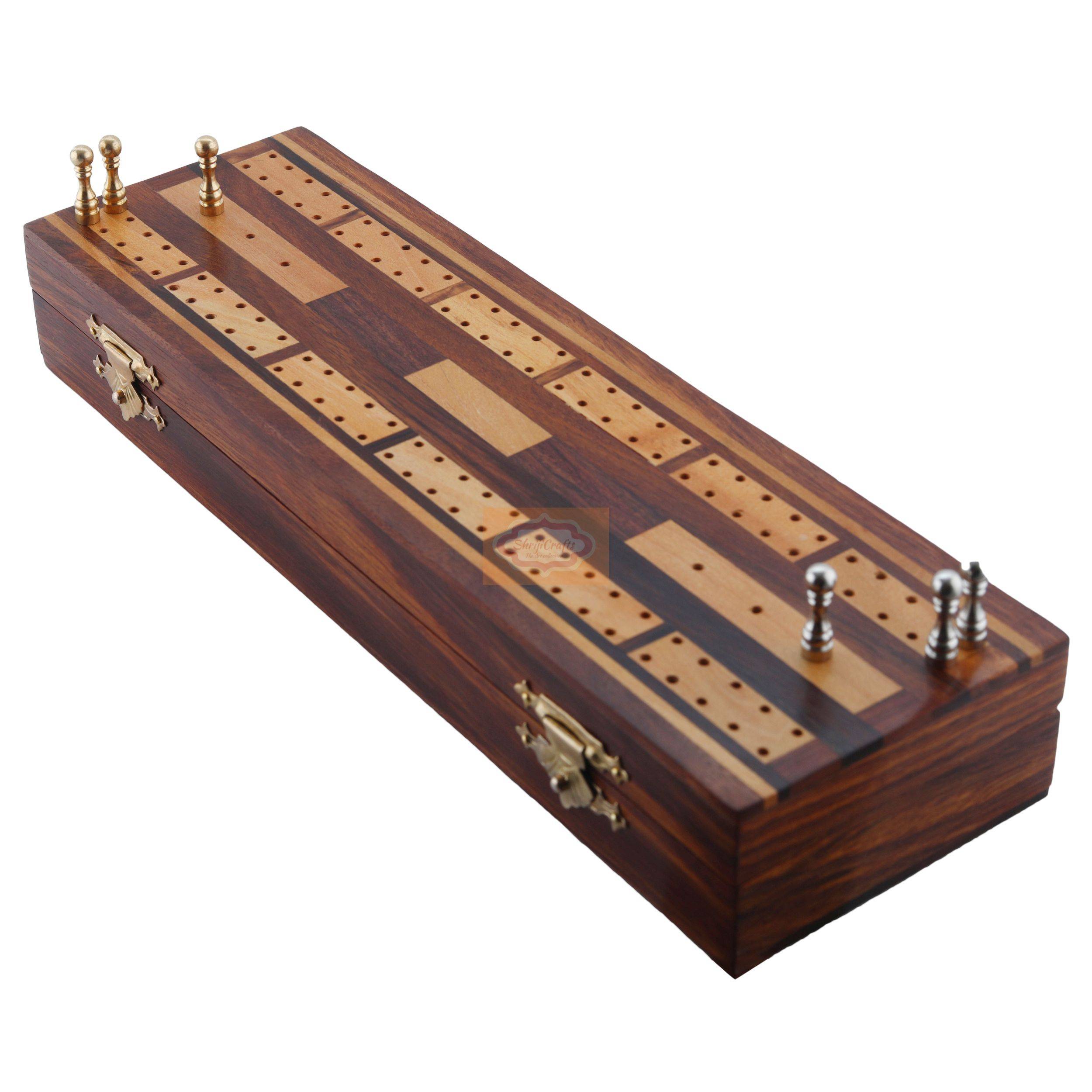 Complete wooden cribbage game set with game board, 6 metal pegs, and 2 decks of playing cards - View 3