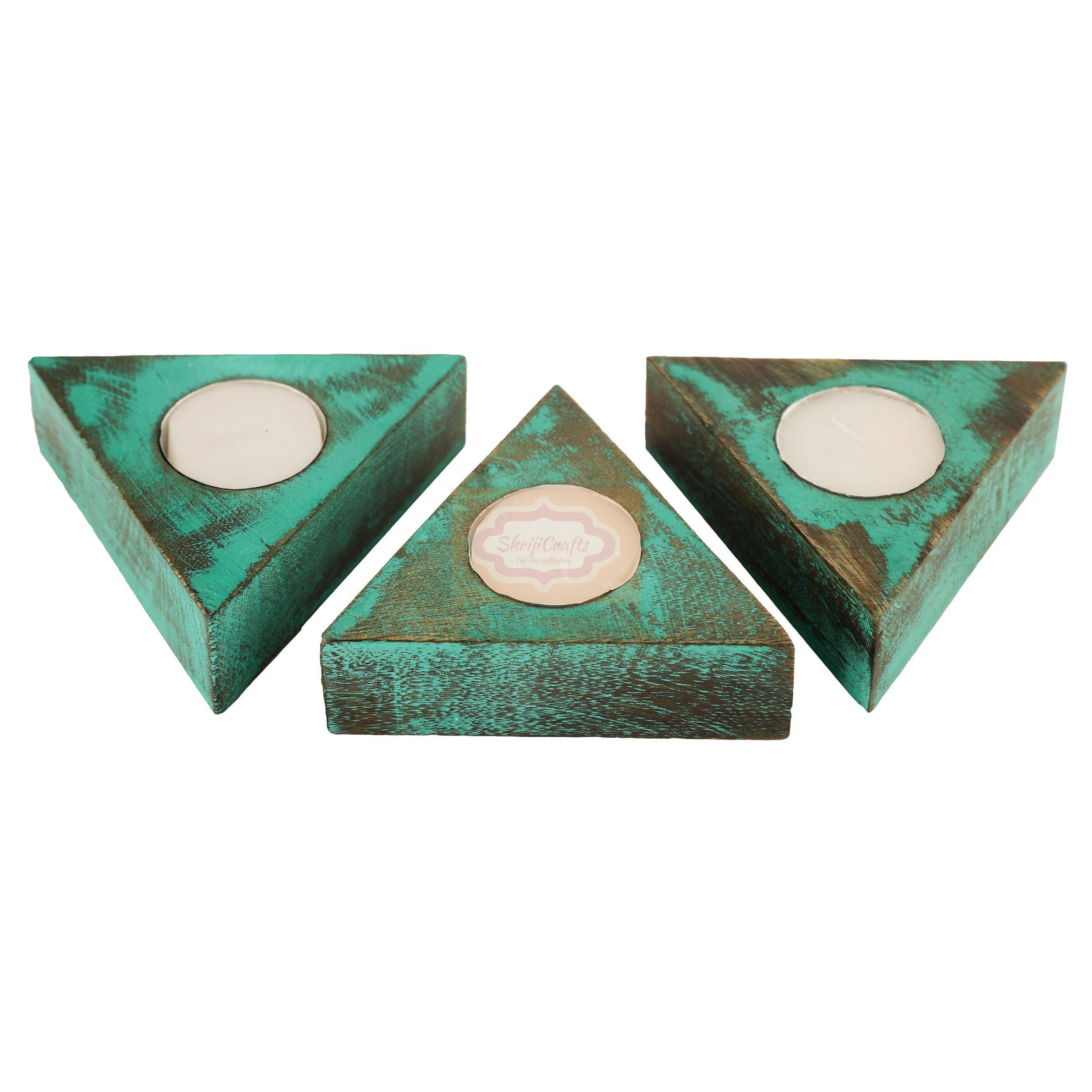 Handcrafted triangular wooden tealight candle holder with an elegant artistic finish - View 3