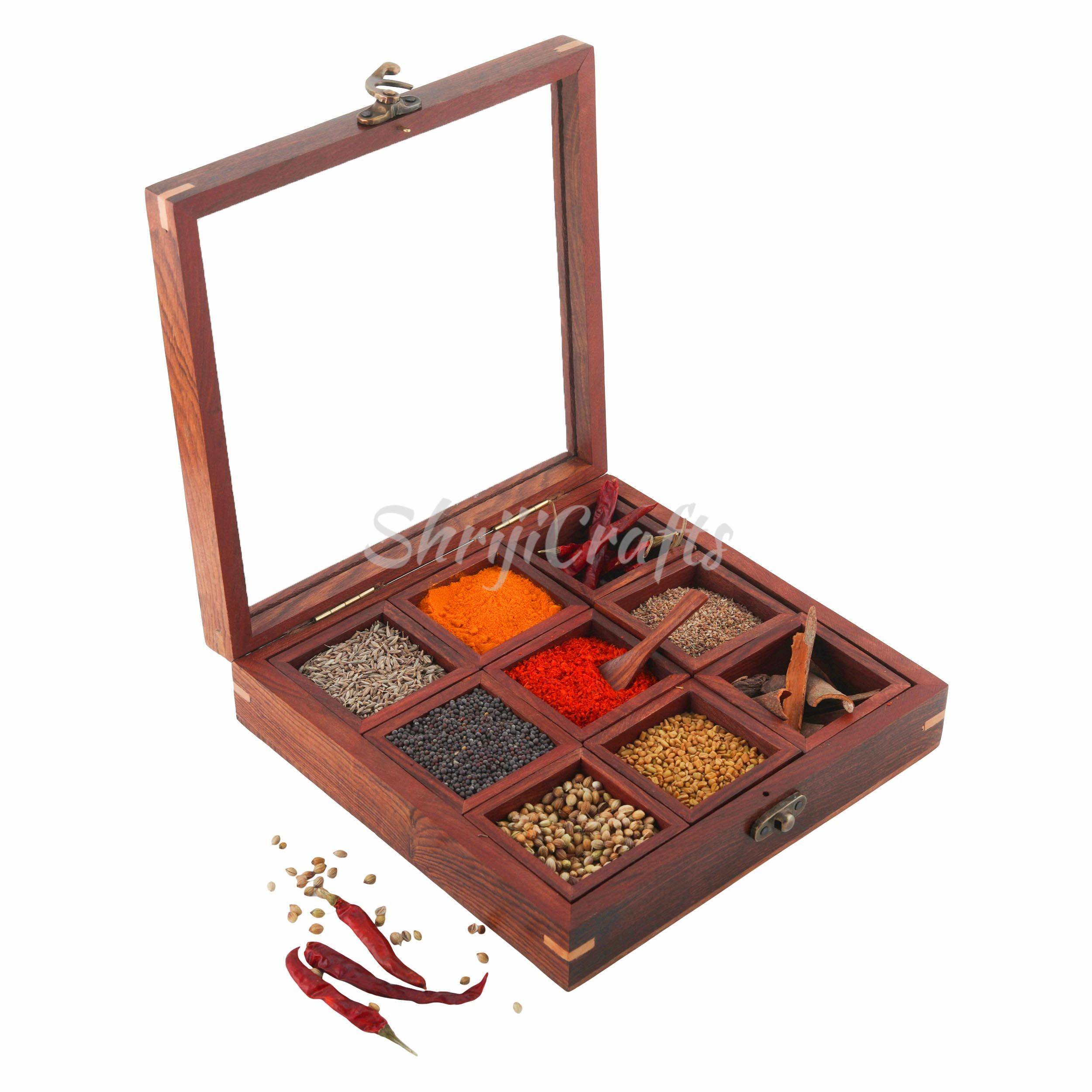 Handcrafted Sheesham Wood Masala Box with 9 bowls and 2 wooden spoons - View 2