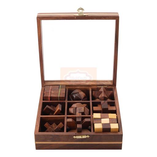 Handcrafted 9-in-1 wooden puzzle set featuring a premium glass lid storage box
